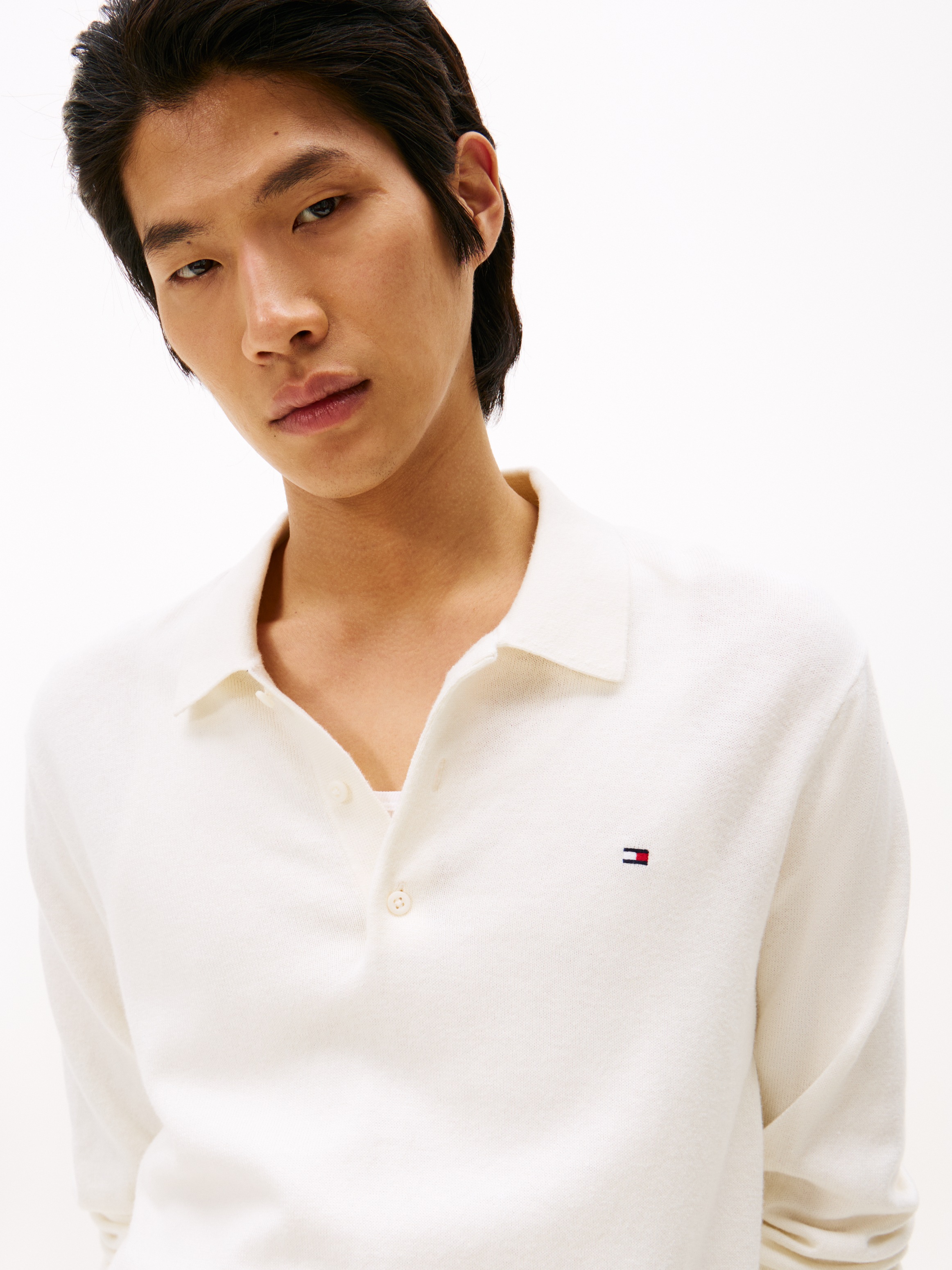 Tommy Hilfiger Polokragenpullover »PIMA ORG CTN CASHMERE LS POLO«, Flag-Stickerei auf Brust