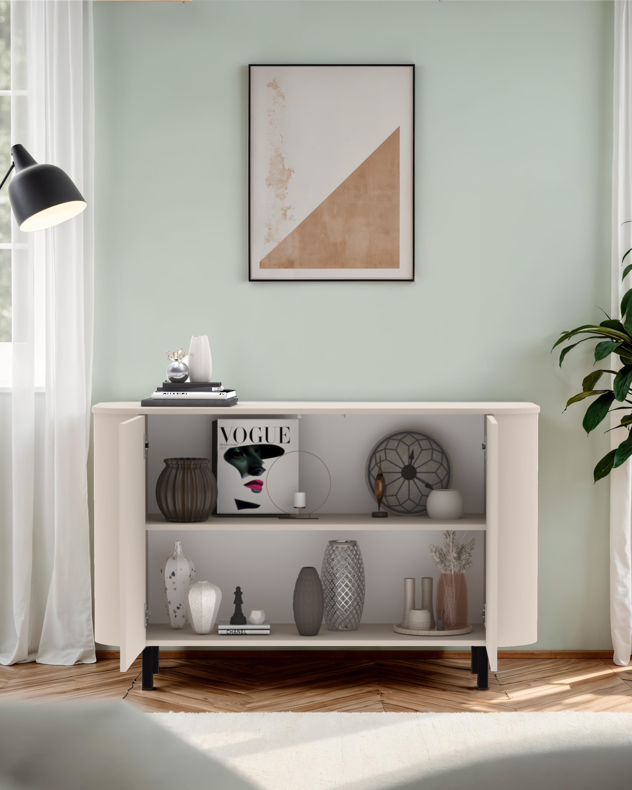 INOSIGN Sideboard »Lido, 131 cm breit, 2 Türen, Anrichte, Kommode, Stauraumschrank« Formgebogenes MDF, Stirnseiten mit Rundung, Push-to-open, Metallfüsse