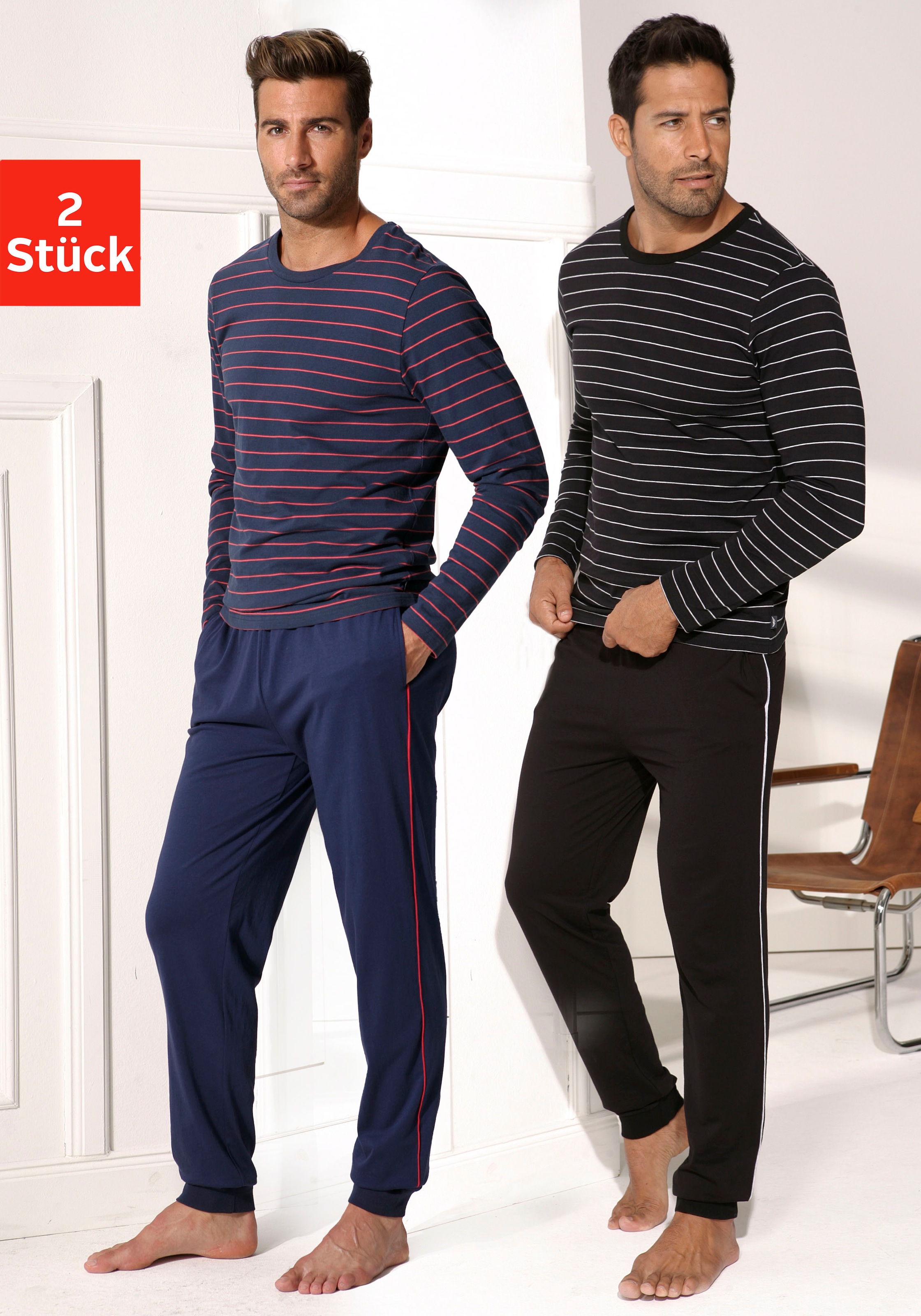 Image of AUTHENTIC LE JOGGER Pyjama Packung, 2 Stück, 4 tlg. Schlafanzug in langer Form mit garngefärbten Streifen