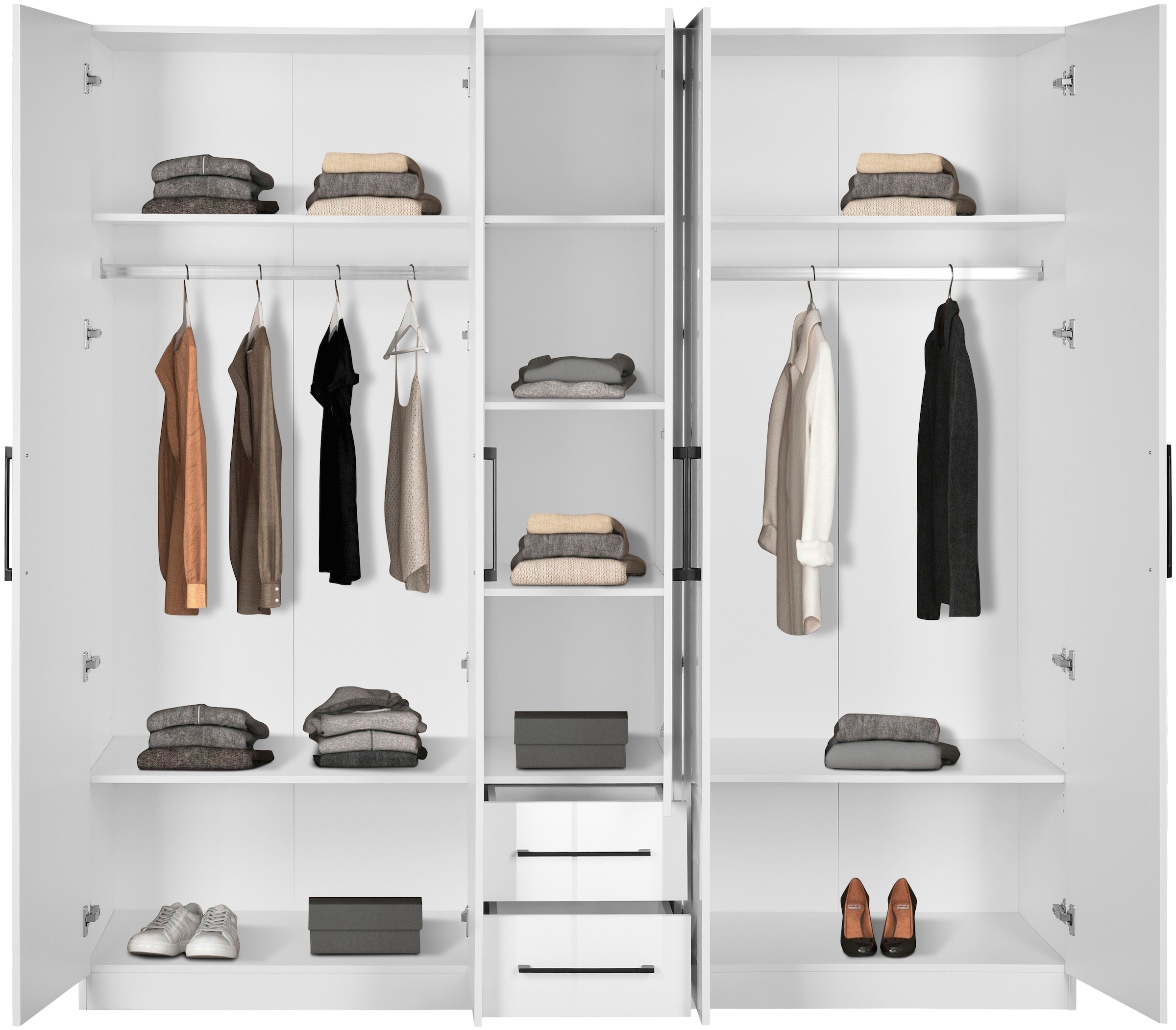 INOSIGN Kleiderschrank »Sylt Schlafzimmerschrank Garderobe Schrank TOPSELLER in hochglanz weiss«, (5 Türen, 2 Schubladen, schwarze moderne Griffe, 7 Einlegeböden), Drehtürenschrank mit perfekter Innenausstattung, Breite 200cm