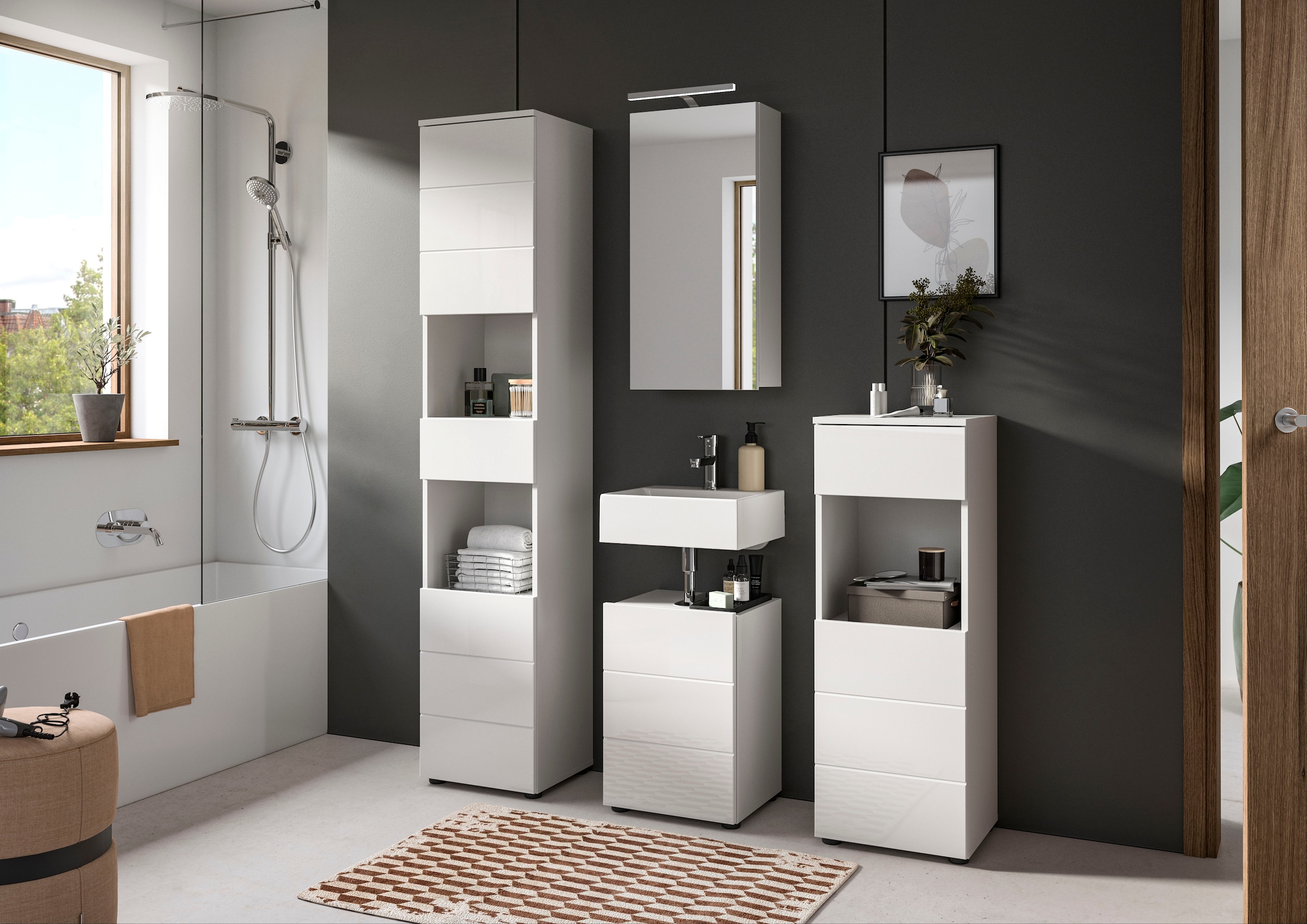 welltime Ensemble de meubles de salle de bain »Biel, Höhe 190 cm,Hochschrank,WBU, Spiegelschrank, Unterschrank, Lampe« 5 cuis tlg.