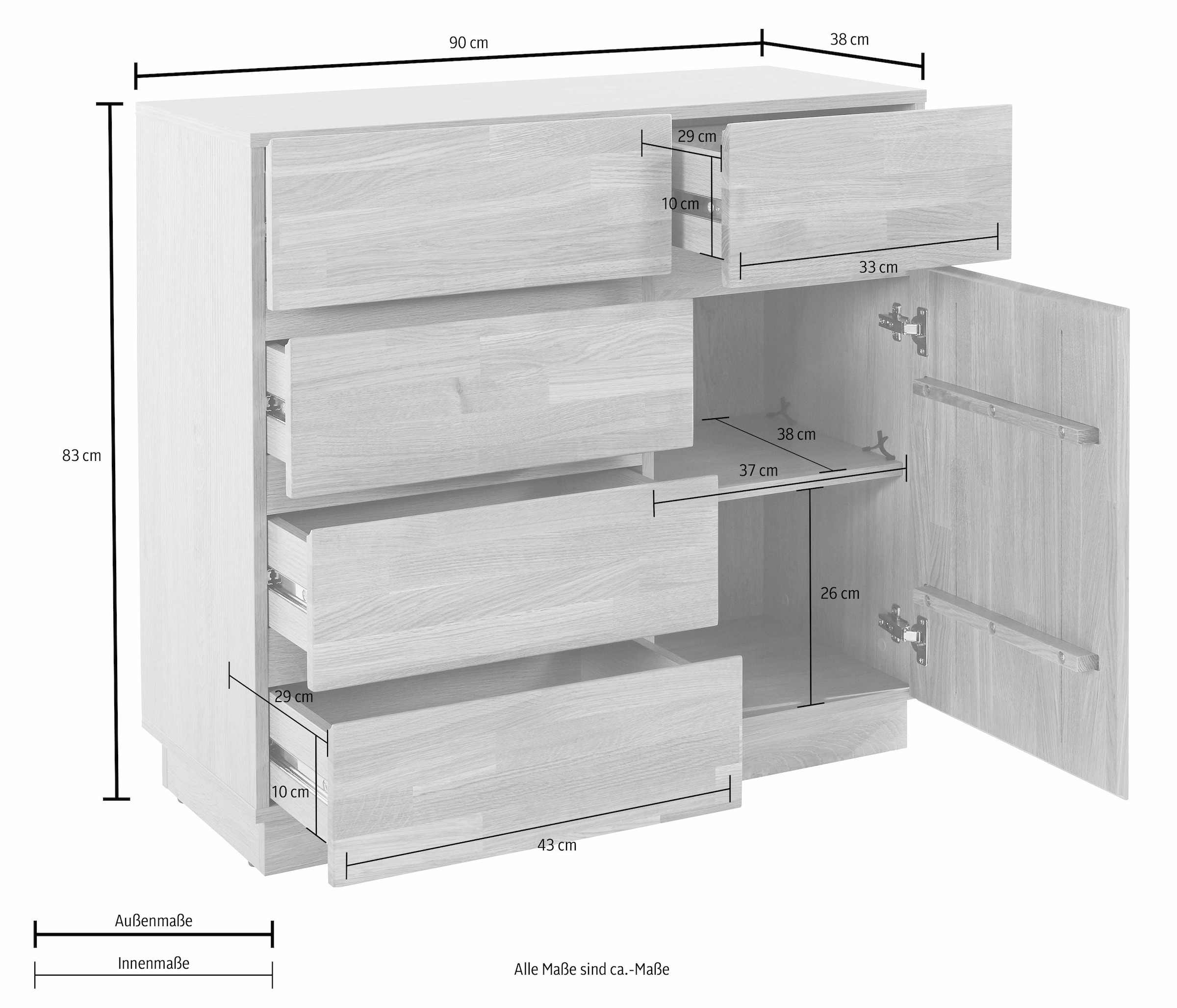 Home affaire Kommode, Breite 90 cm, mit 5 Schubladen, teilmassiv, FSC®-zertifiziert