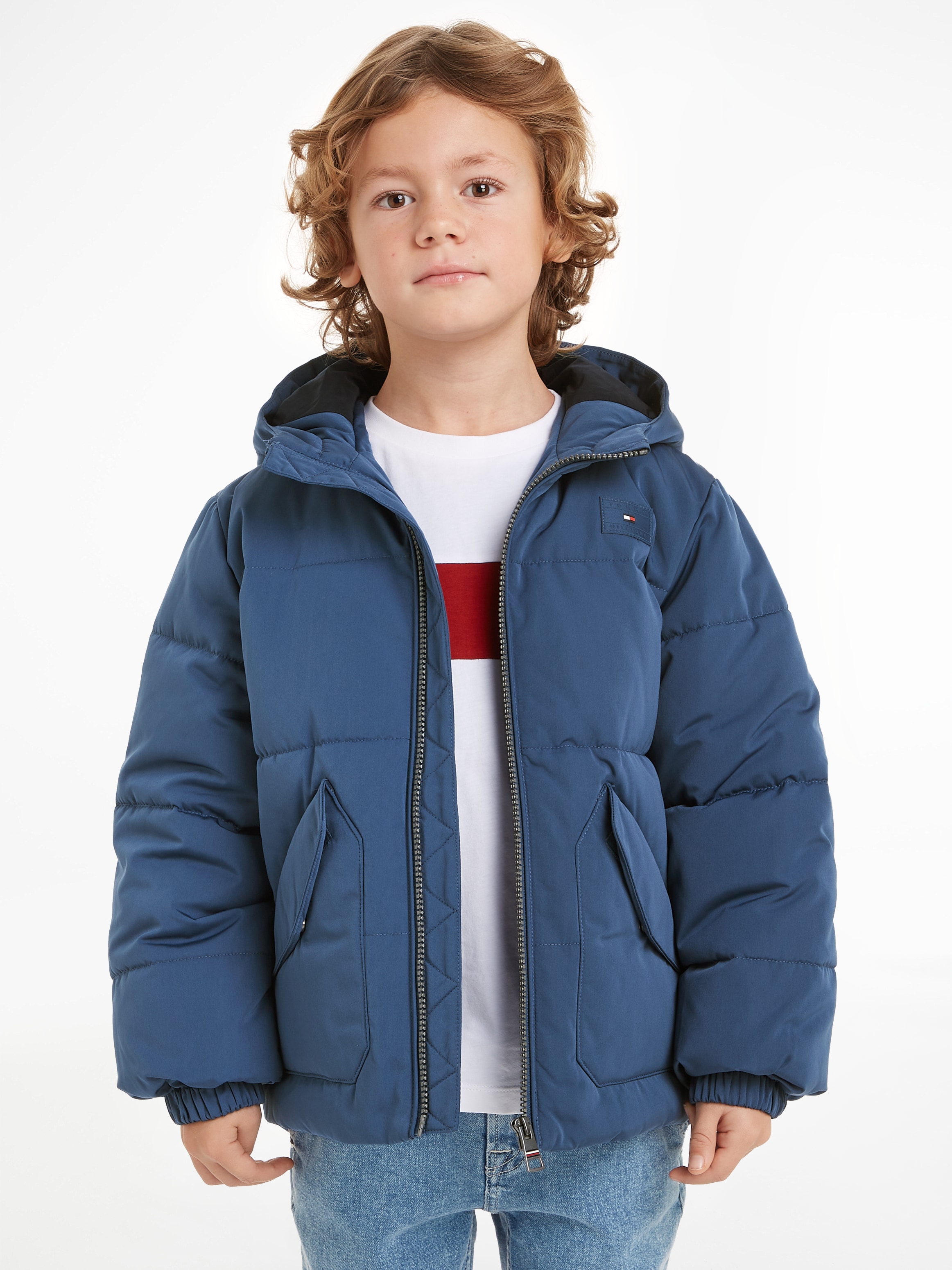 Image of Tommy Hilfiger Steppjacke "MONOTYPE PADDED PUFFER JACKET" mit Kapuze Baby bis 2 Jahre, mit Kapuze, Gummizug am Ärmel