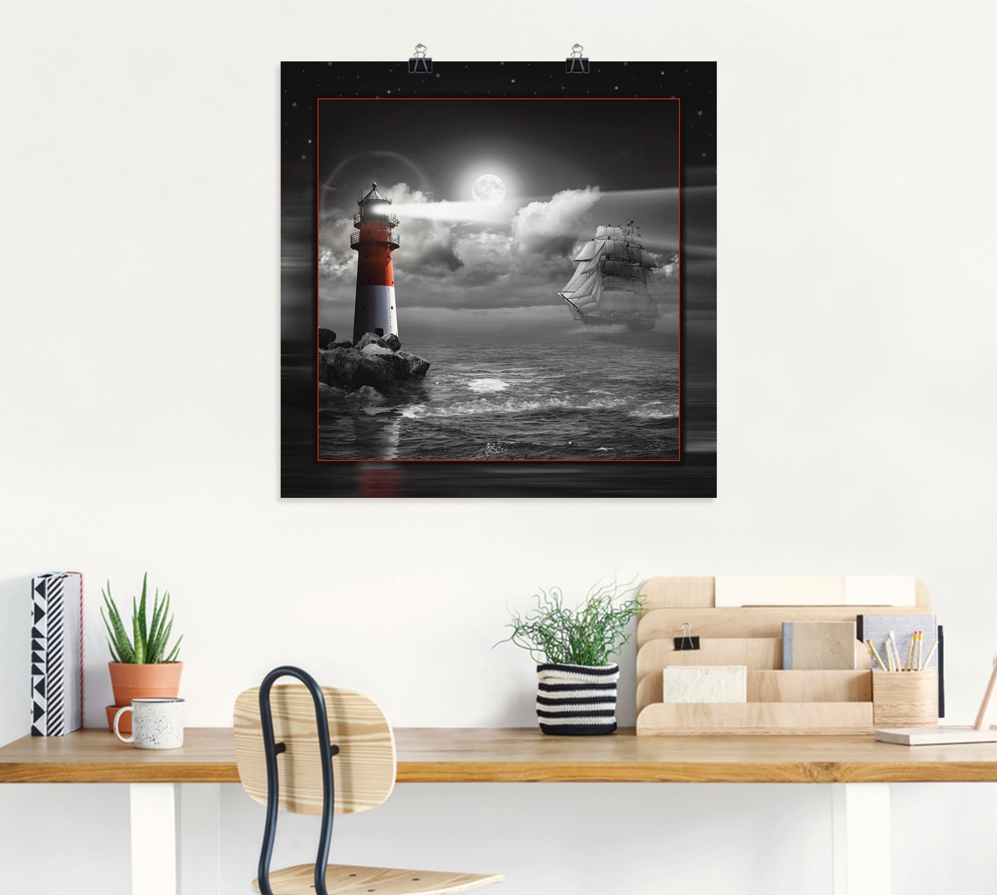 Artland Wandbild »Leuchtturm und Segelschiff im Mondschein«, Küste, (1 St.), als Leinwandbild, Poster, Wandaufkleber in verschied. Grössen