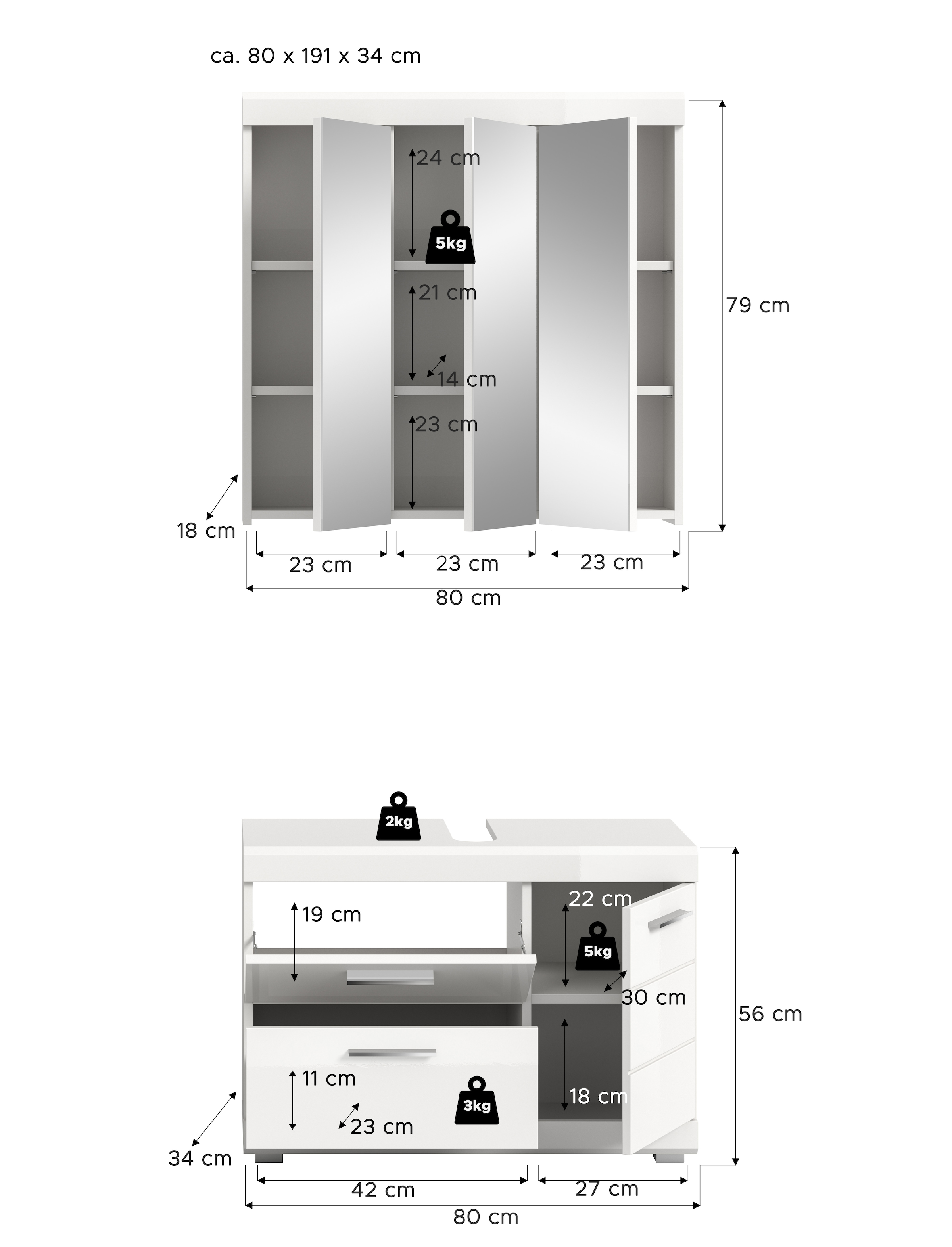 welltime Ensemble de meubles de salle de bain »SIENA, 2-teilig, Waschbeckenunterschrank & Spiegelschrank, MDF-Front«