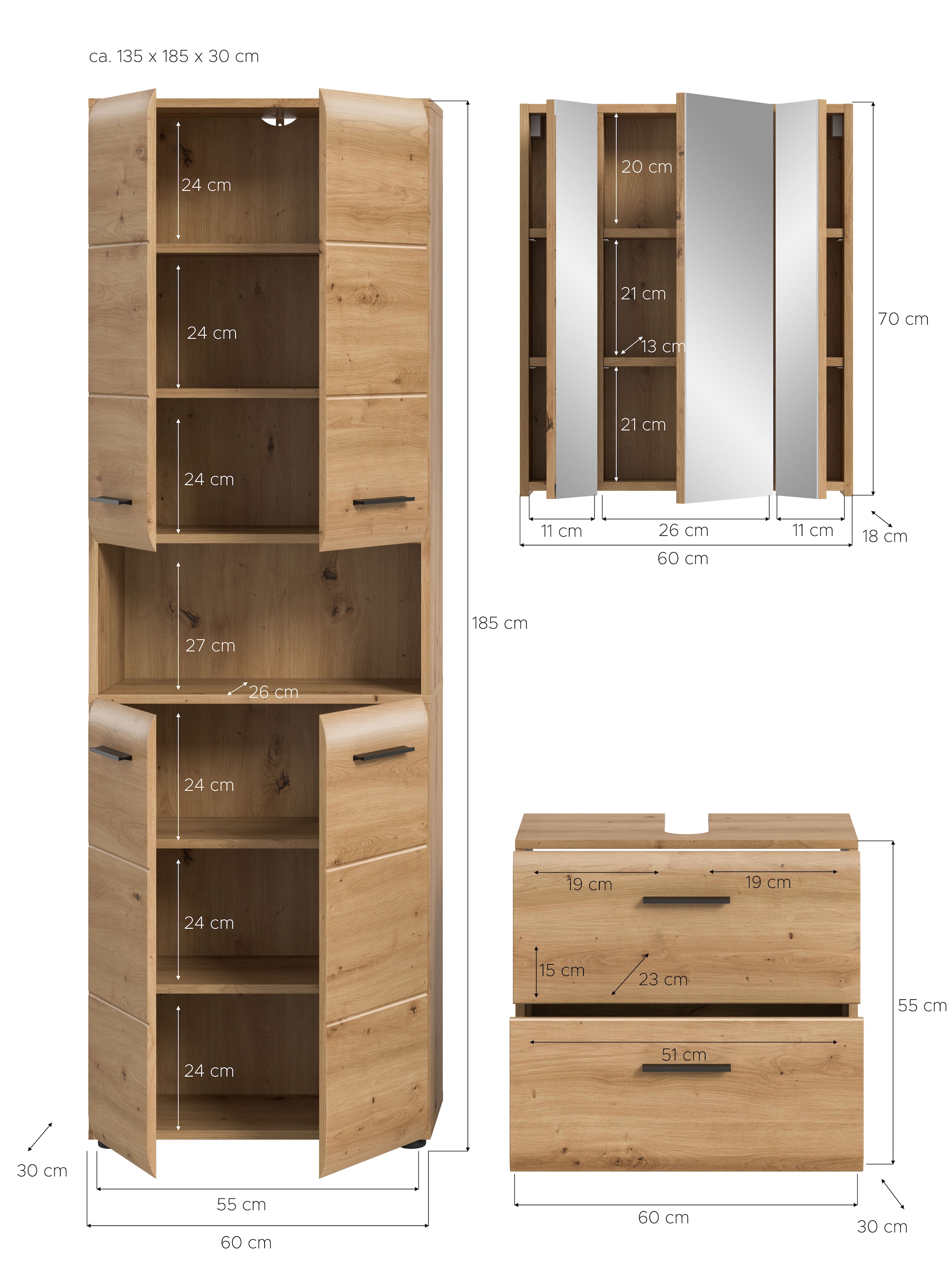 welltime Ensemble de meubles de salle de bain »FLORENZ,  3-teilige Badkombination, hochwertige MDF-Front« Ensemble, best. aus: 1 Hochschrank, 1 Waschbeckenunterschrank, 1 Spiegelschrank, 3 cuis tlg.