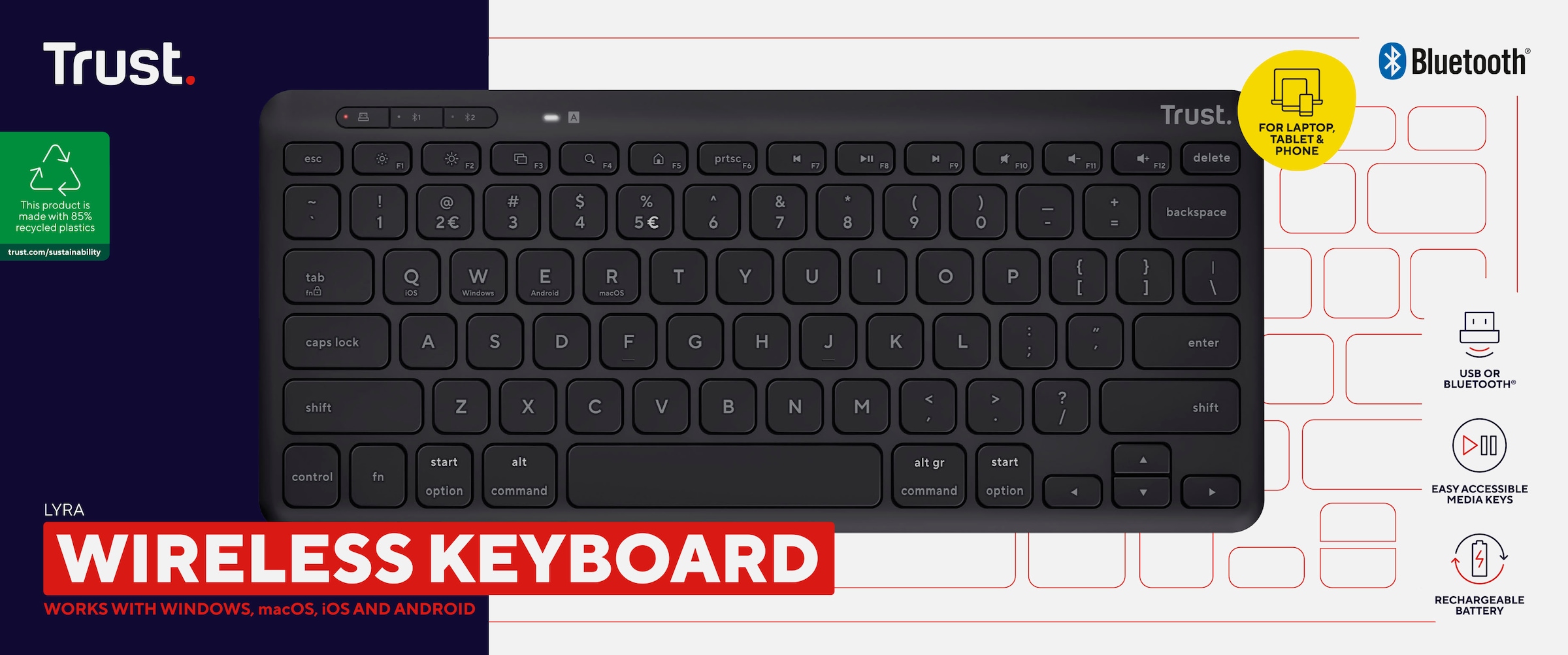 Trust Wireless-Tastatur »Lyra Kompakte Funktastatur«, (USB-Anschluss-Anpassbare Höhe-Multimedia-Tasten)
