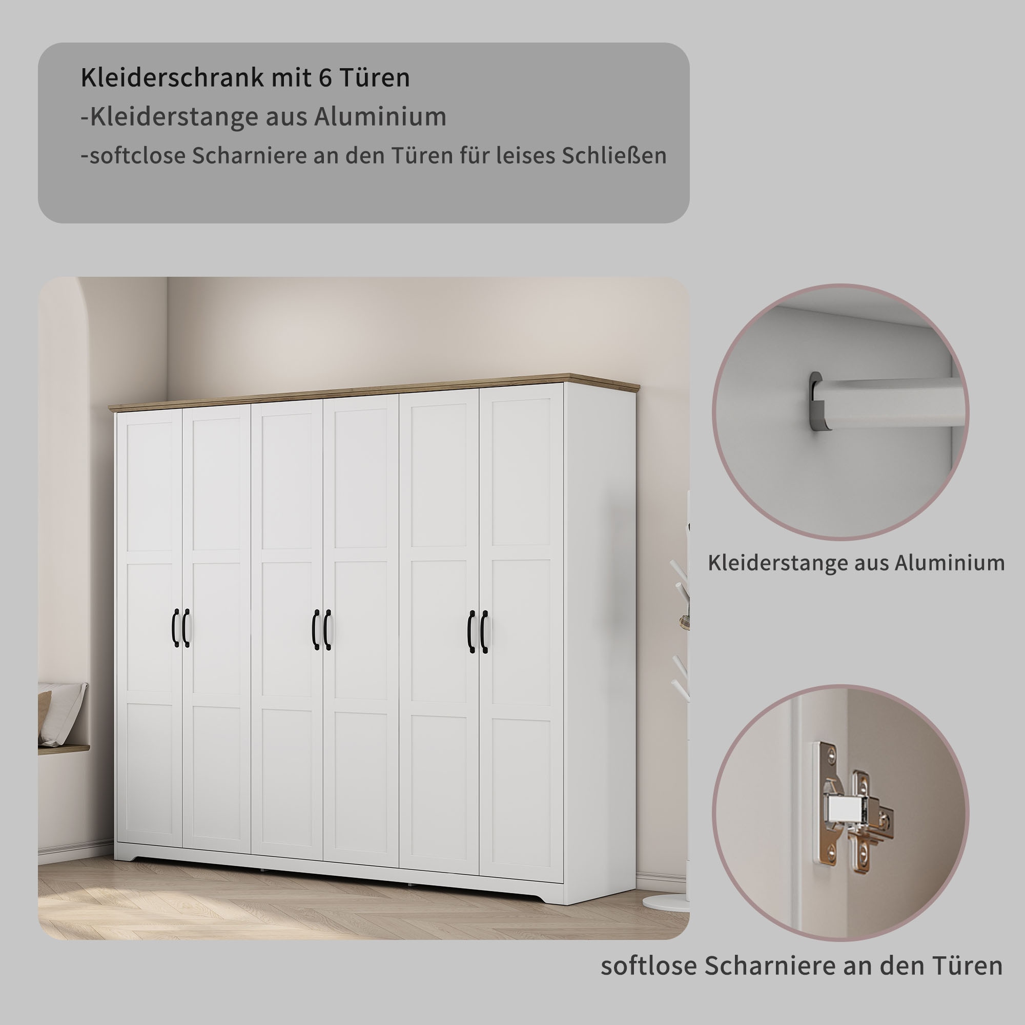 GOODproduct Kleiderschrank »Emmilia Schrank Schlafzimmerschrank im Landhaus Design« Mit vielen Einlegeböden und Softclose,  Landhaus Schrank mit  6 Türen Breite 226,5cm Höhe 2m
