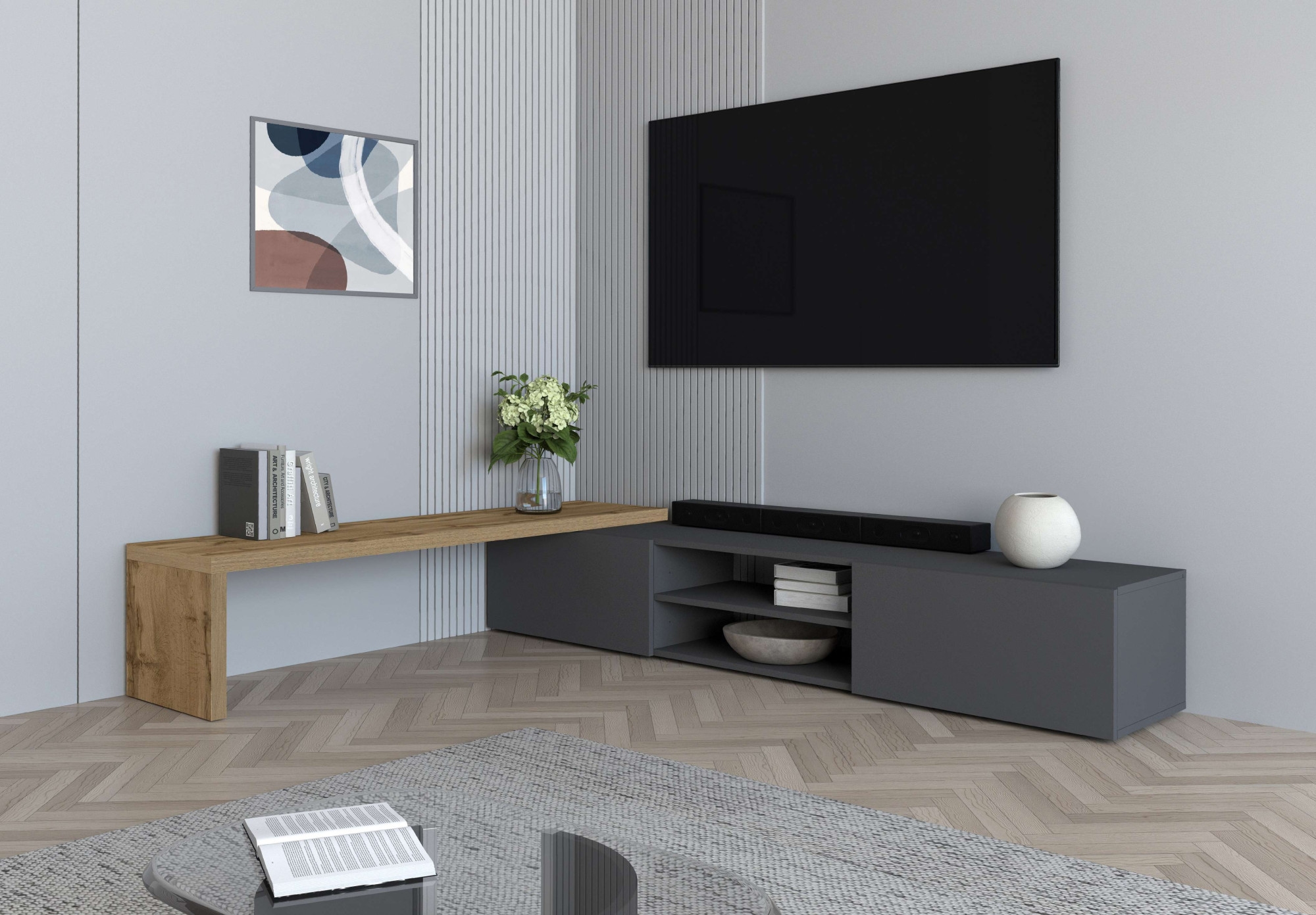 GOODproduct Lowboard »New Garda,Lowboard mit Aufsatz,TV-Board mit Ausatz,TV-Schrank-Tv Bank« 1 Stk. tlg. Breite verstellbar v. 183 bis 310 cm,2 Klappen  und L-Förmiger Aufsatz