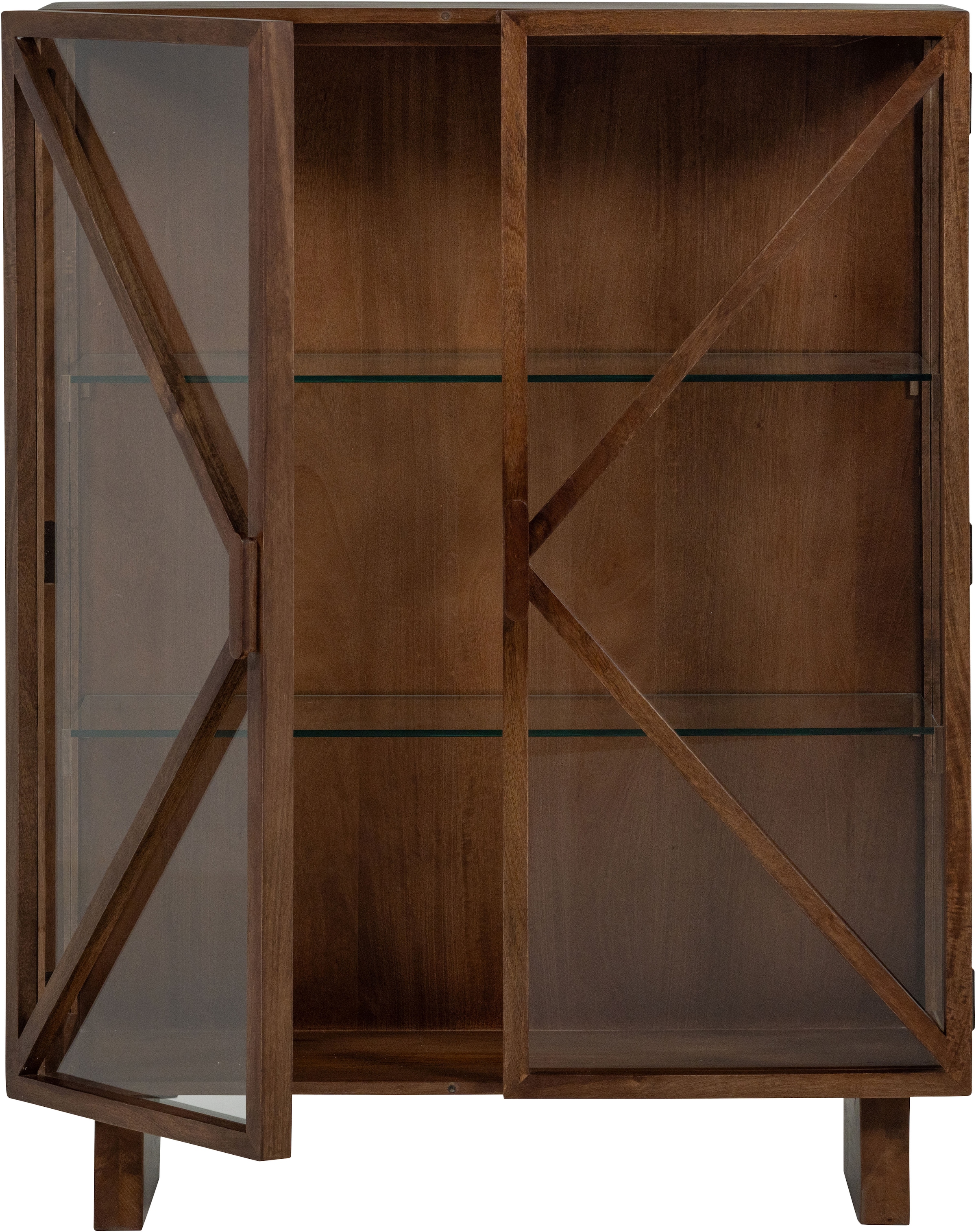 WOOOD Vitrine »Kella Mangoholz mit Glastüren und Glasablagen B 100 x D 44 x H 132 cm« Wandbefestigung empfohlen, Tragkraft 5–7 kg pro Glasboden