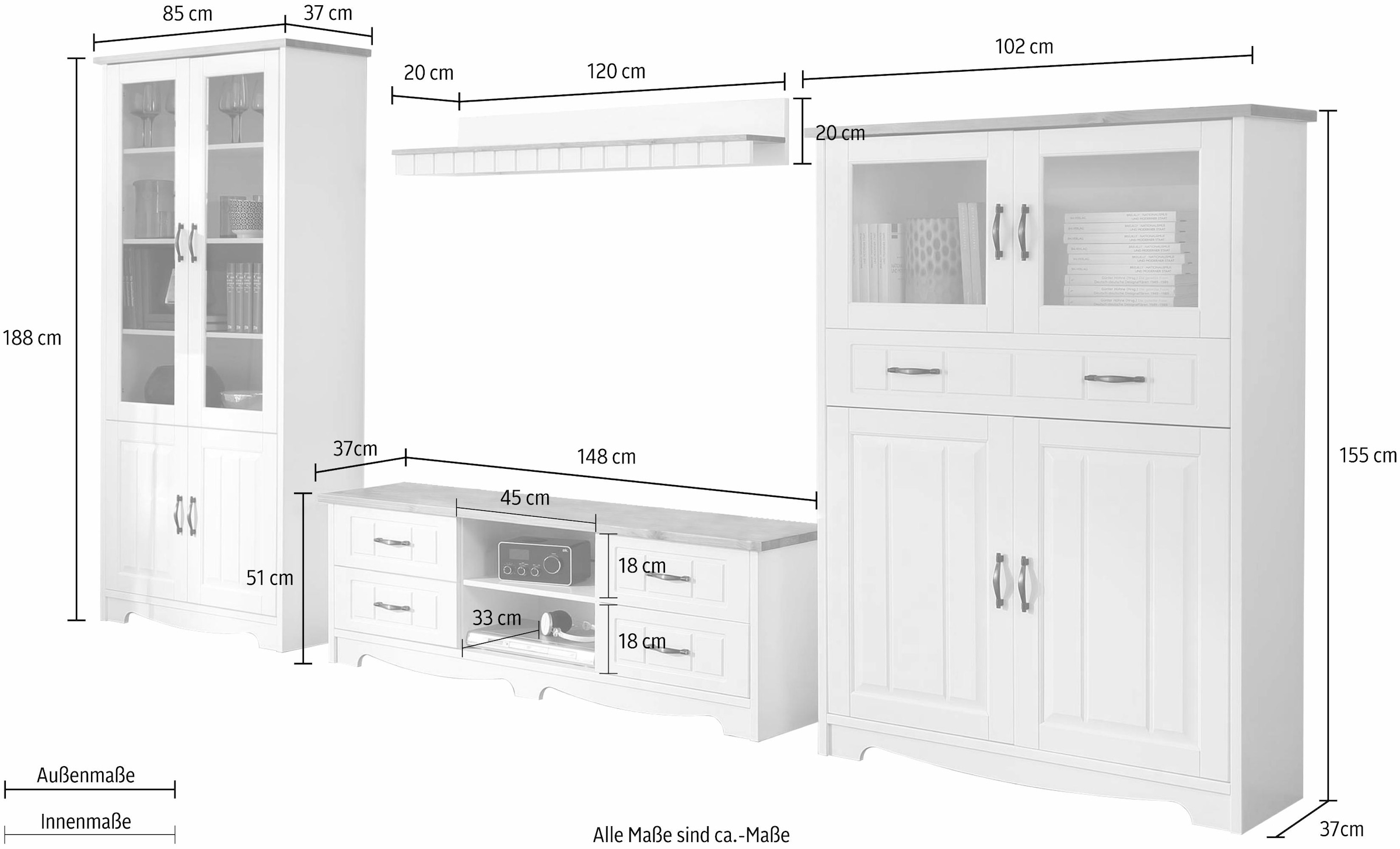 Home affaire Wohnwand »Trinidad«, (Set, 4 St.), Set aus 1 Vitrine, 1 Lowboard, 1 Highboard, 1 Wandboard