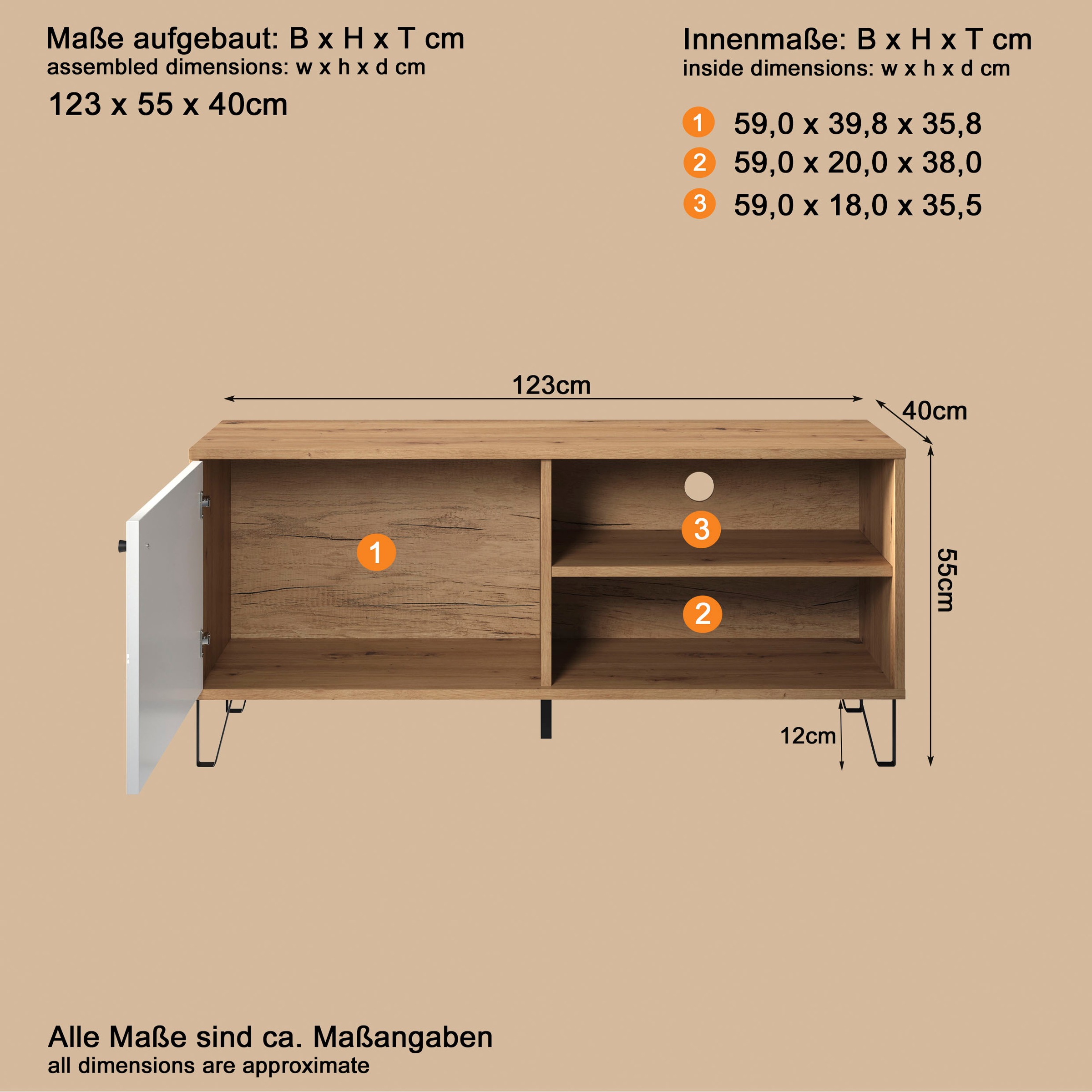 PLACES OF STYLE Lowboard »Tarragona TV-Kommode« TV-Unterteil mit 1 Tür & 2 Fächern - (B/T/H) 123/40/56 cm
