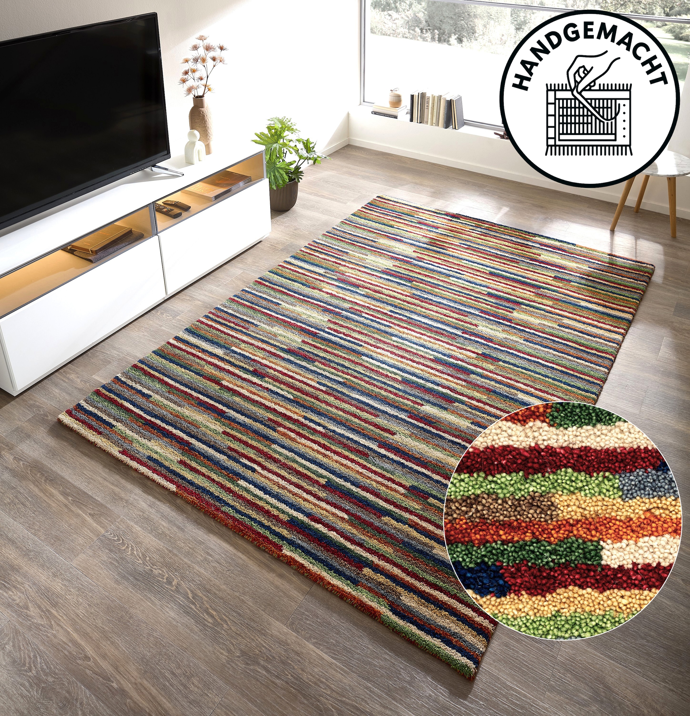 Image of THEKO Wollteppich "Gabbeh Multi, Handgefertigt, Teppich, meliert, reine Wolle," rechteckig 15 mm Höhe Wohnzimmer, Schlafzimmer, Esszimmer