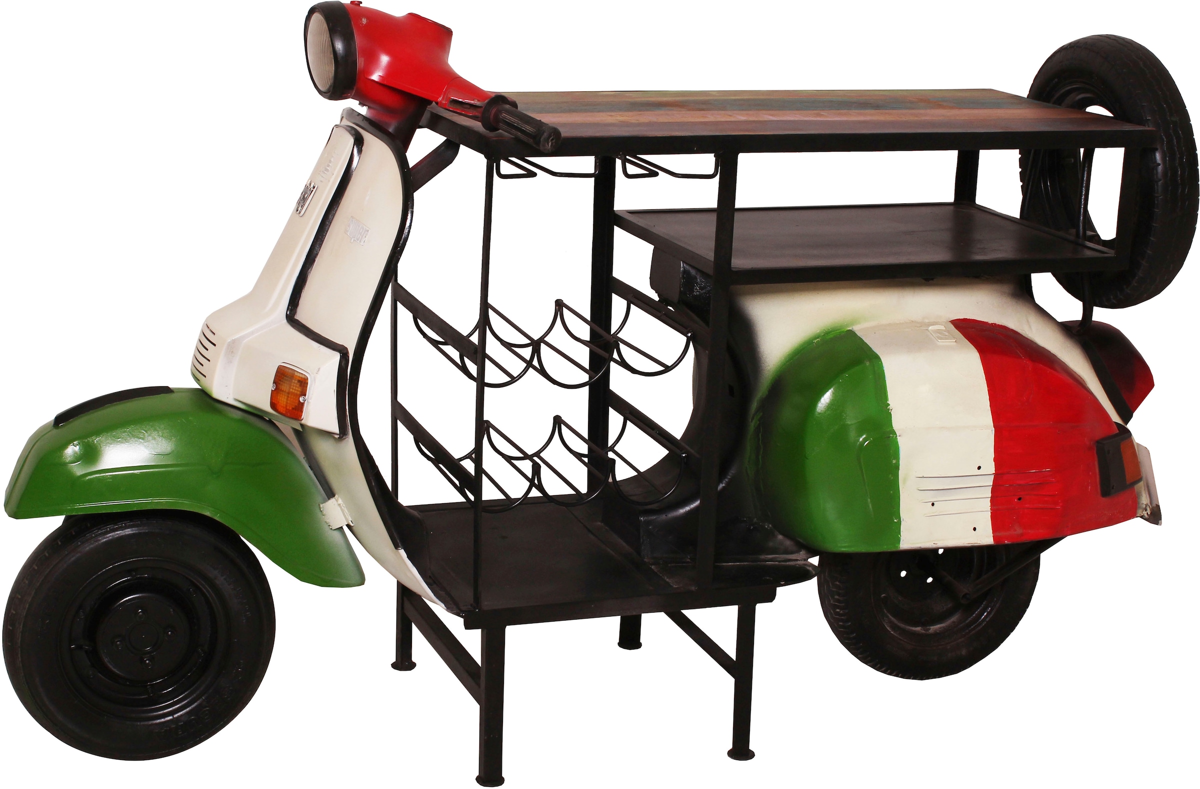 Image of SIT Bartisch "Varazze Italien aus recyceltem Roller mit Flaschenablage" Original Rollerfront mit Halter für 6 Flaschen und Gläser