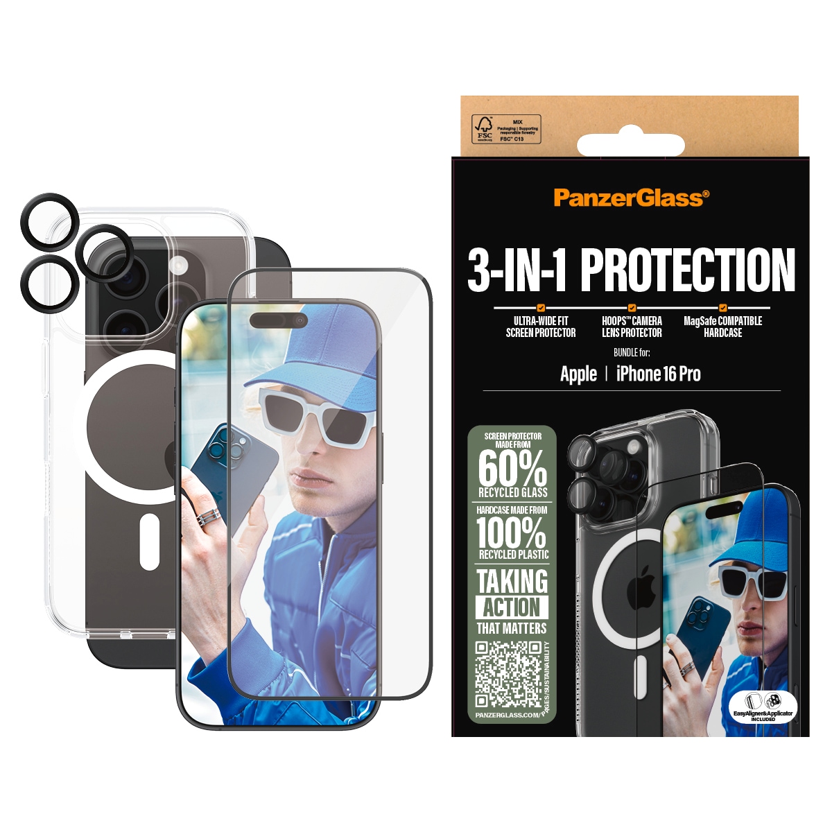 Image of PanzerGlass Displayschutzglas "3-in-1 Protection, Glass, Hoops, Case" für Apple iPhone 16 Pro Displayschutzfolie, Schutzfolie, Bildschirmschutz, kratz- & stossfest