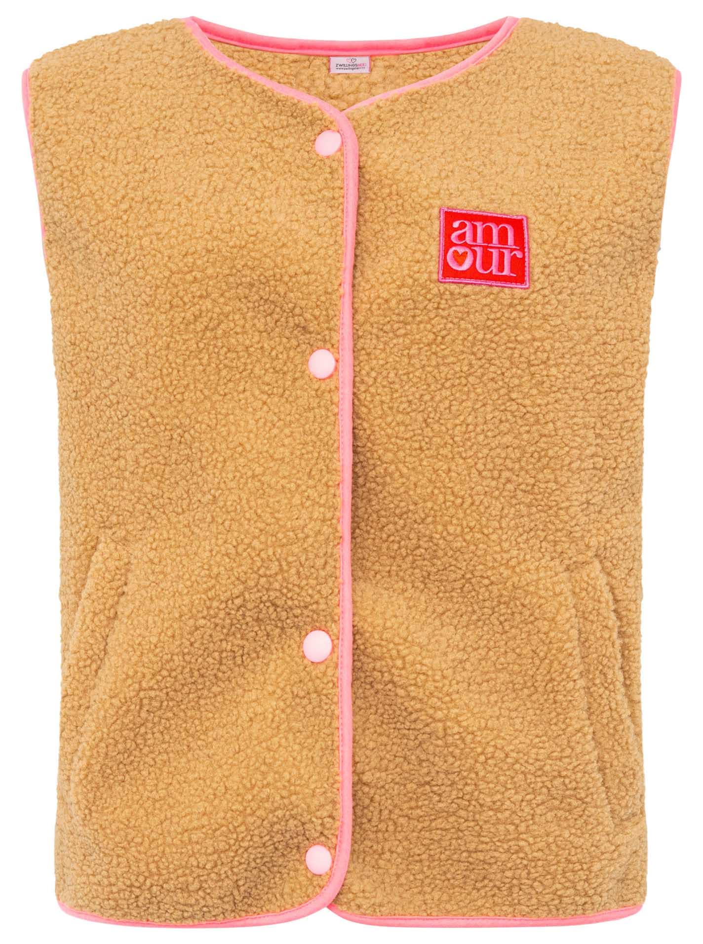 Zwillingsherz Gilet en peluche »"Patch"« sans manches, bords bordés de rose, pressions, patch