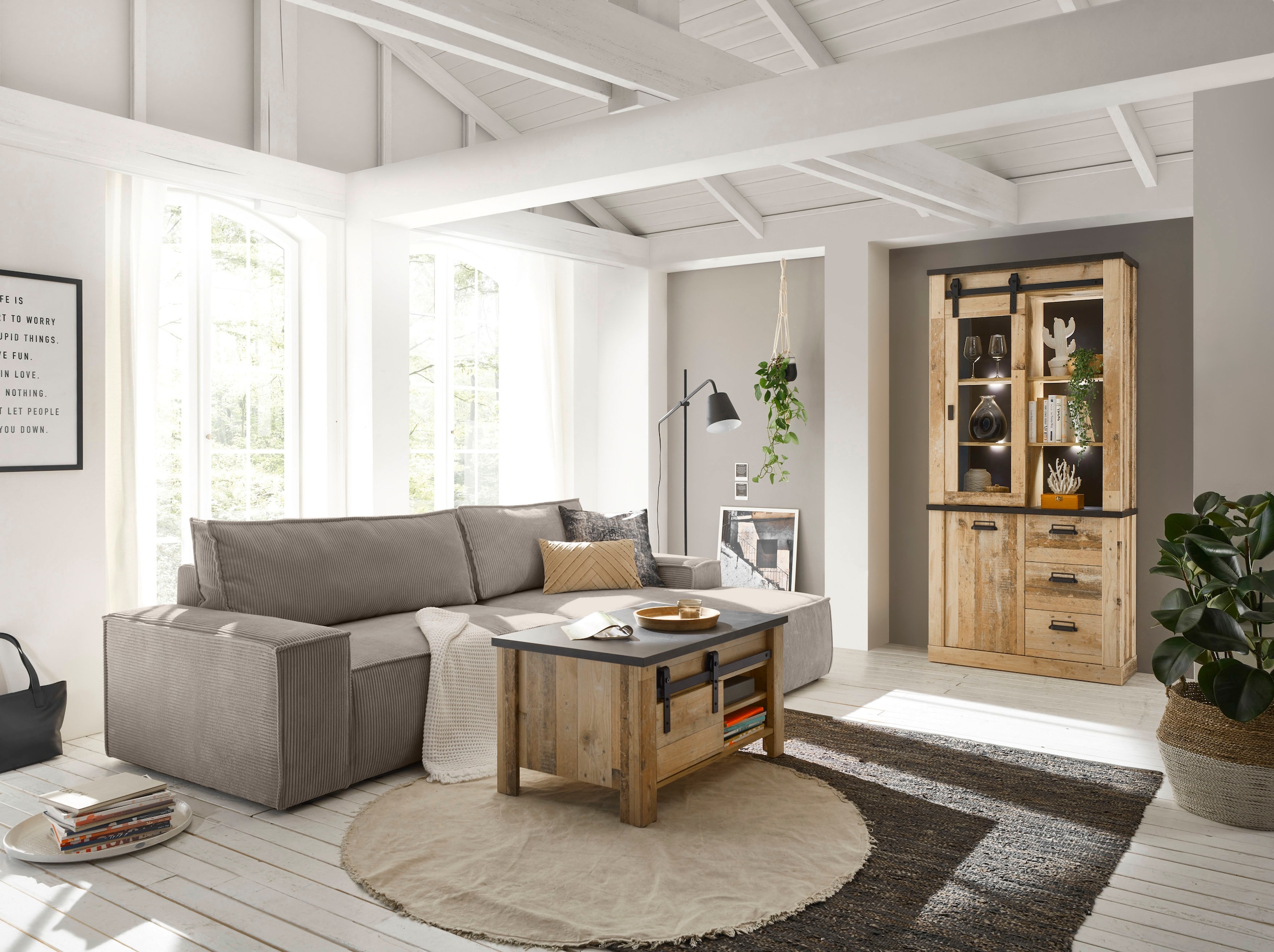 Home affaire Canapé d'angle »SHERWOOD Schlafsofa 267 cm, L-Form,« Schlaffunktion mit Bettkasten (210x136 cm), Cord, Vintage, Samtvelours