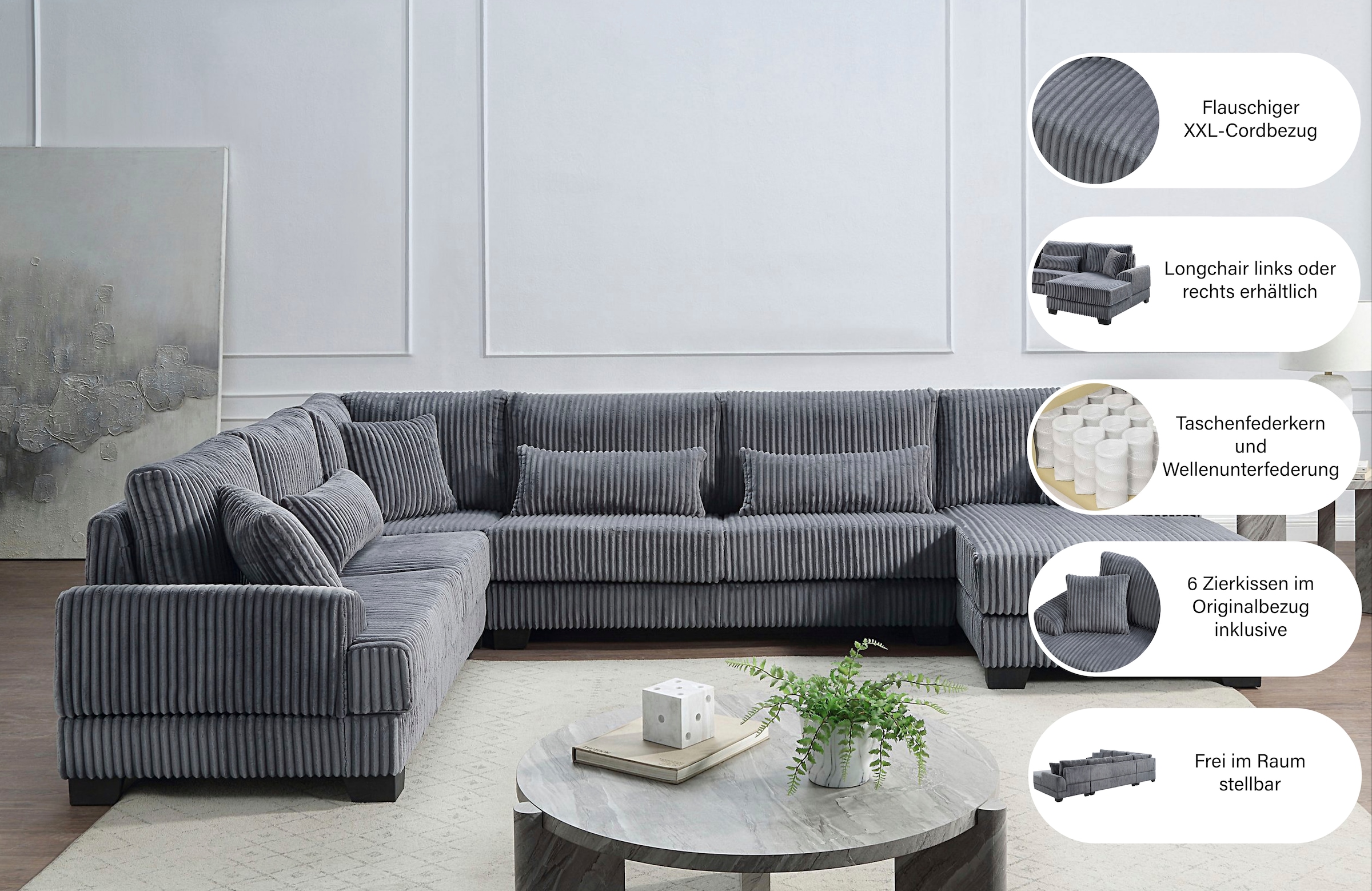 ATLANTIC home collection Wohnlandschaft »Miron, U-Form, Breite: 332cm« weicher XXL-Cordbezug, inklusive 6 Zierkissen