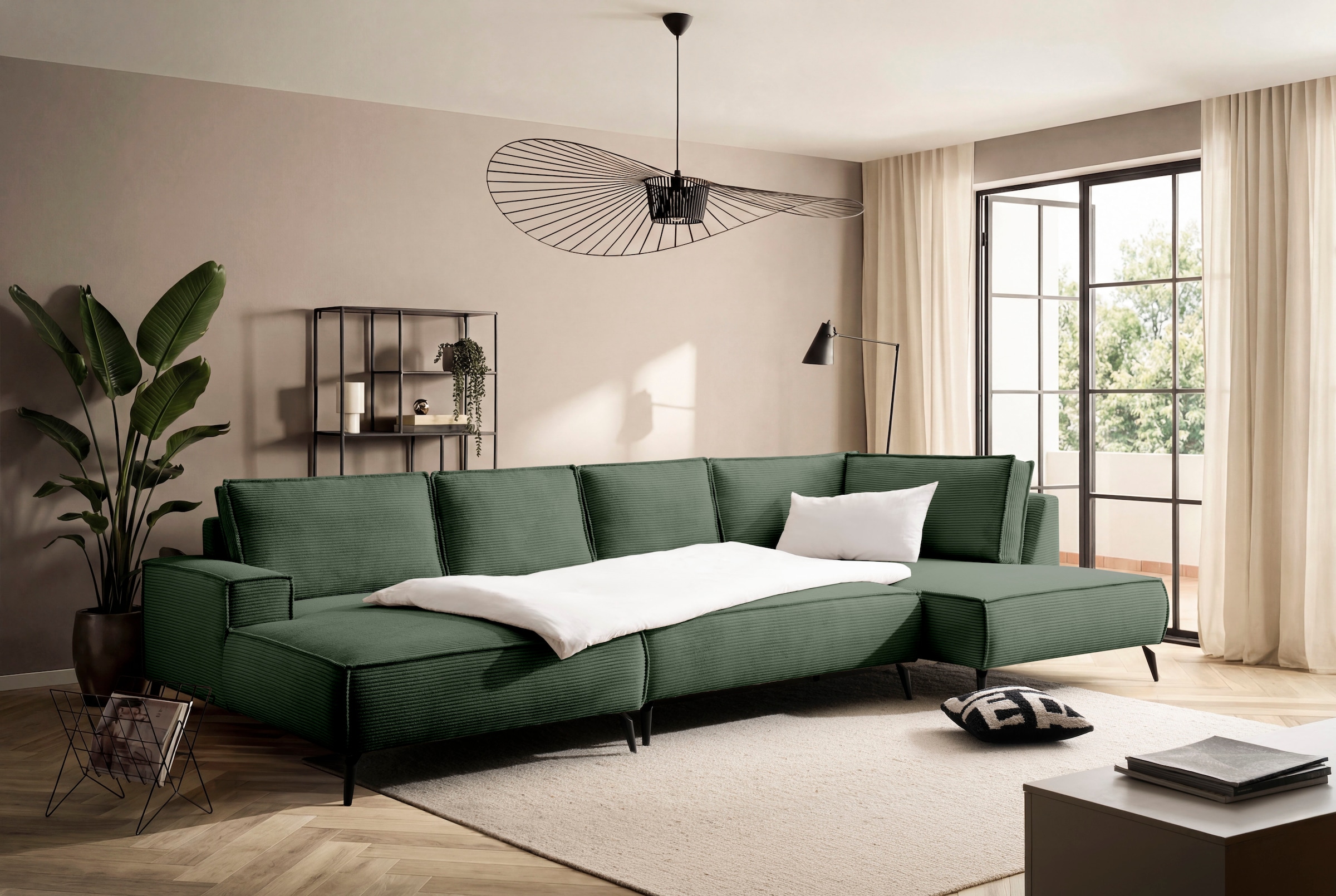 Home affaire Paysage de salon »TVINNU, moderne U-Form, Couch in Cord oder Webstoff in Leinenoptik« Recamiere rechts/links, schwarze Metallfüsse, bequeme Sitz-/Liegefläche