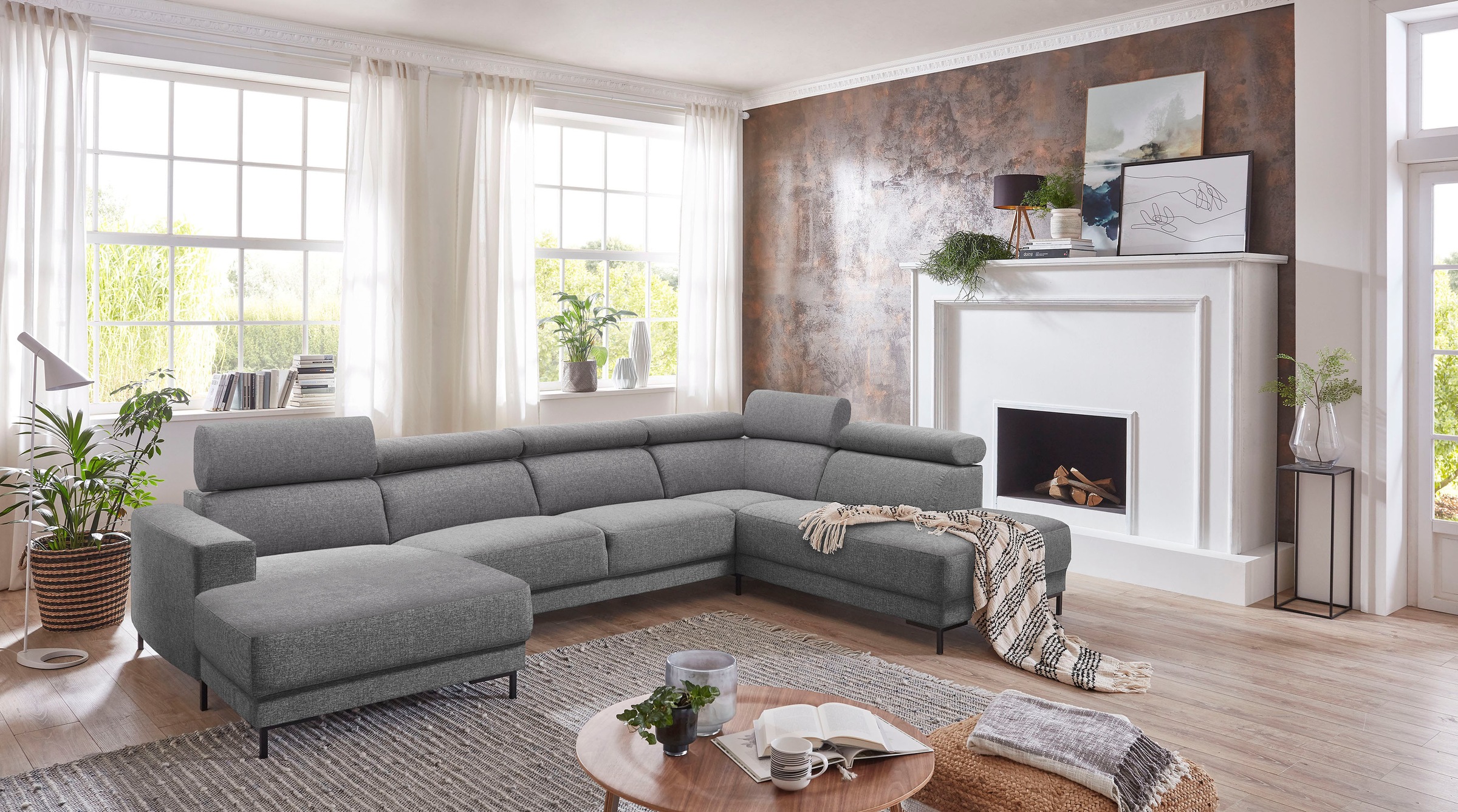 Image of Places of Style Wohnlandschaft »Wheeling«, Wohnlandschaft mit Ottomane, links / rechts wählbar. FRei im Raum stellbar, komplett in NaturLeder oder Struktur-Bezug. bei Ackermann Versand Schweiz