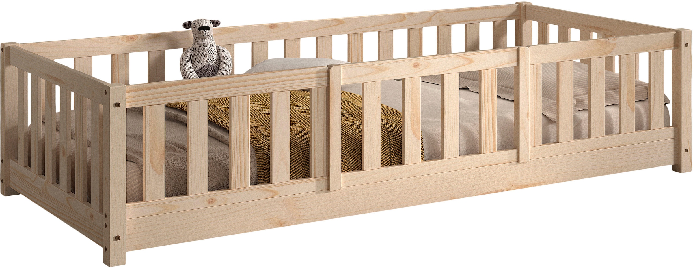 Vipack Kinderbett »Dallas, massiv Bett, Rausfallschutz, umbaubar vom Boden- zum Daybett« inkl. Rolllattenrost und Sprossenumrandung, 90 oder 140x200 cm breit,  stabil und standfest gebaut, wahlweise Kiefer massiv natur oder weiss