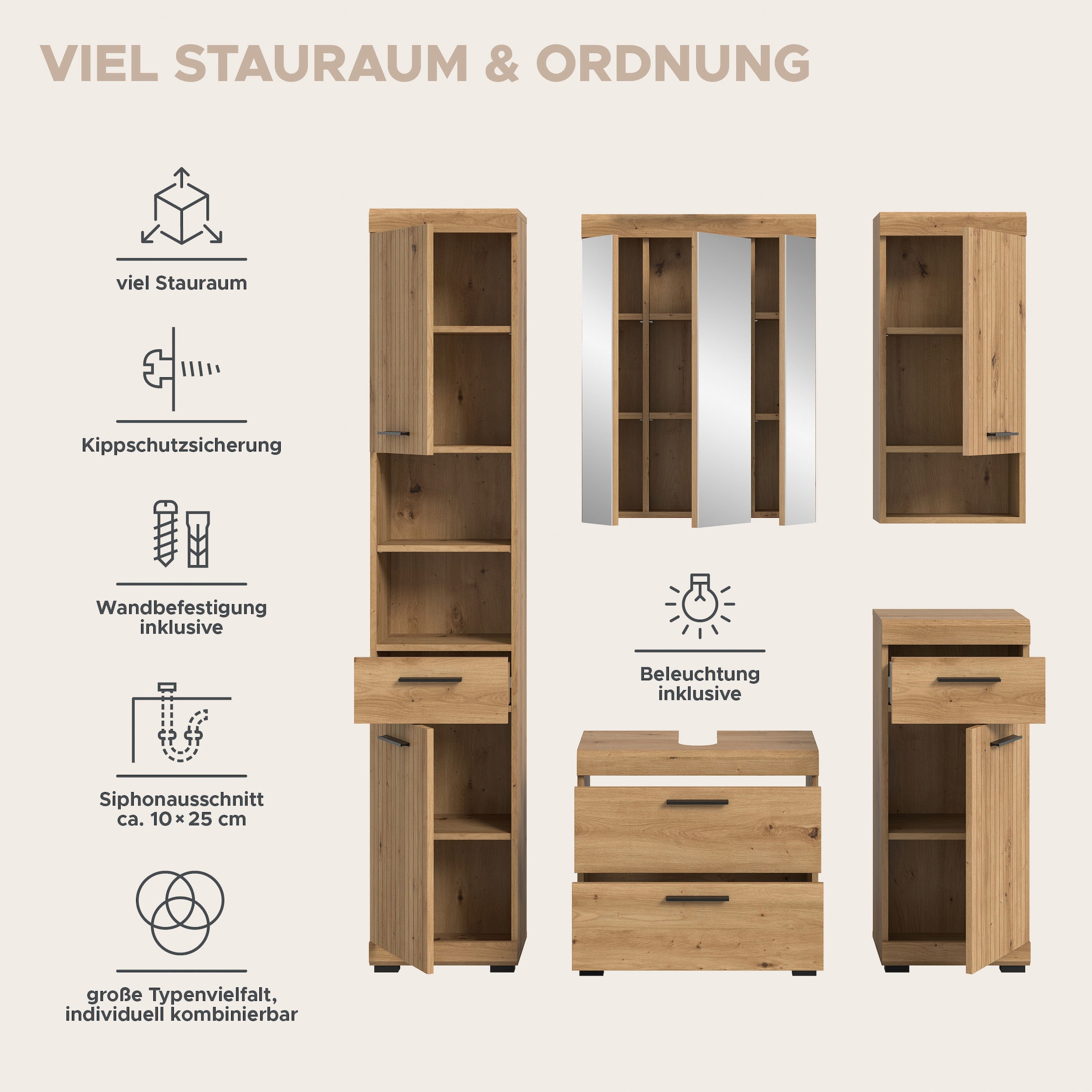 welltime Badmöbel-Set »SIENA, 5 teilig, inklusive LED Beleuchtung, bestehend aus:« Set, TOPSELLER!, 5 Stk. tlg.