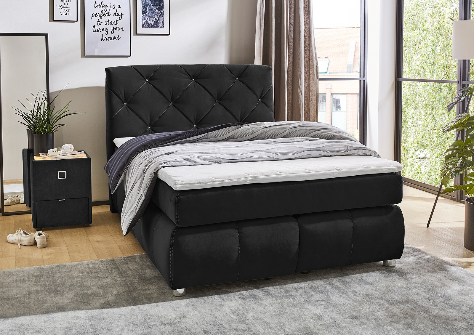 Jockenhöfer Gruppe Boxspringbett »Bella erhältlich in 140 & 180cm Breite« mit Kaltschaum-Topper und Rauchglas-Steinen