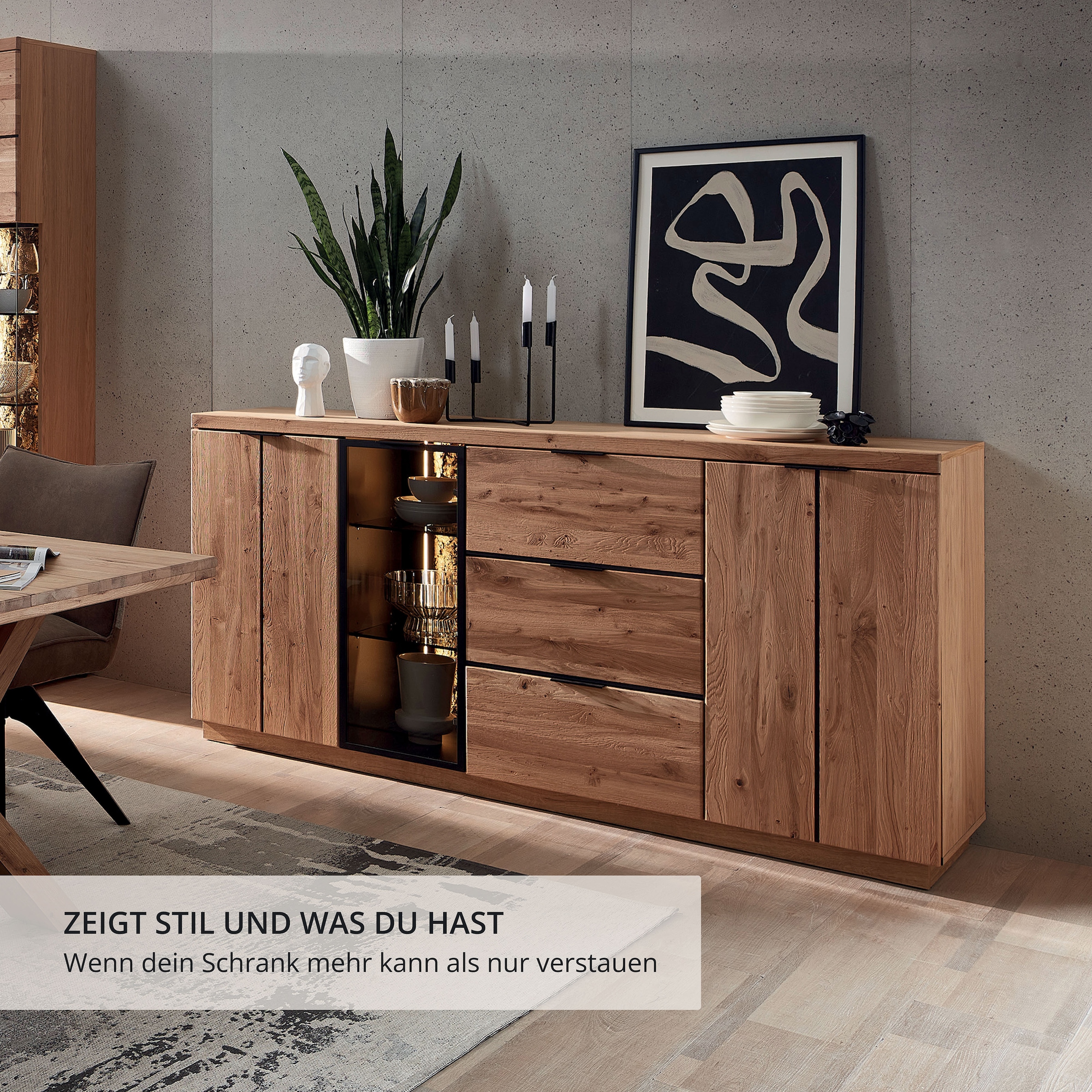Wohnconcept Sideboard »Donna Sideborad, 180x93x48 (BxHxT)« 1 Stk. tlg. Beleuchtung optional bestellbar, 3 türig, 3 Schubkasten, Softclose