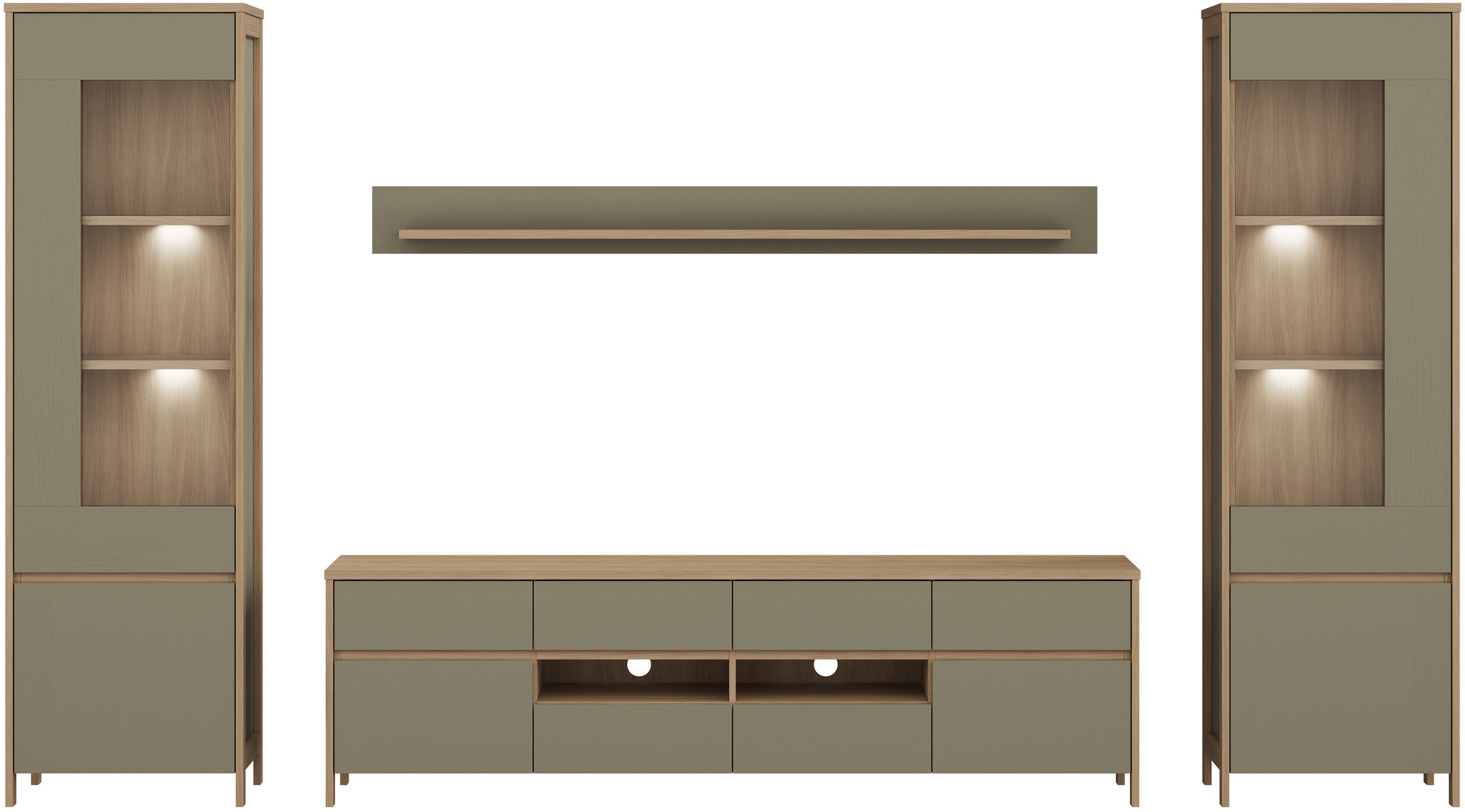 Home affaire Wohnwand »Stranda, moderne Anbauwand, Komplettset im Scandi-Style«, (4 St.), enthält zwei Vitrinen, Lowboard und Wandboard, 344 cm breit