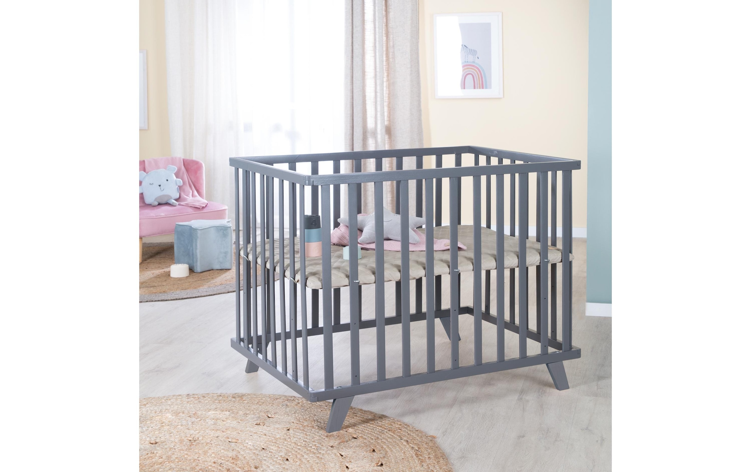 roba® Parc pour bébé »Laufgitter Holz anthrazit 75 x 100 cm höhenverstellbar«