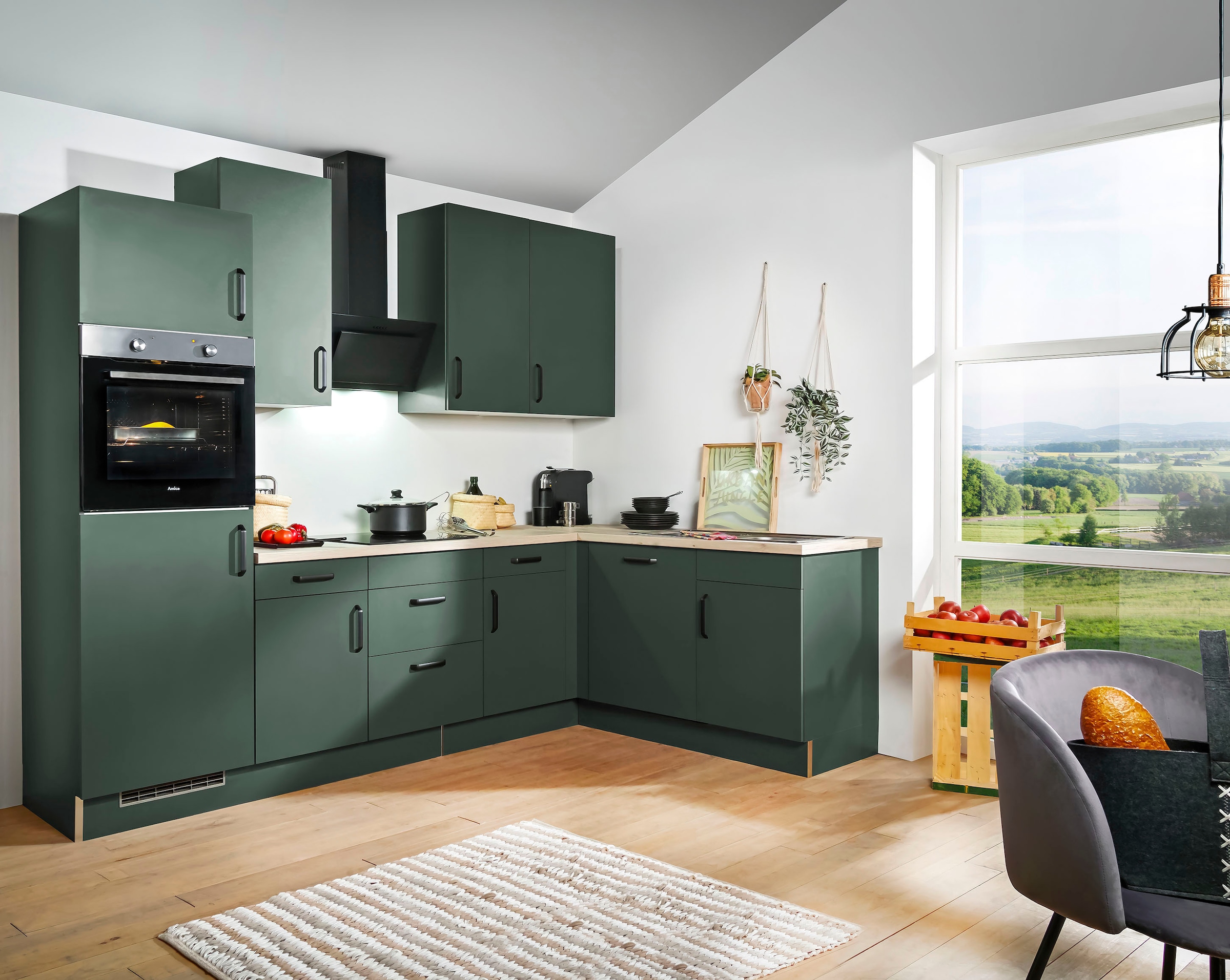 wiho Küchen Winkelküche »"Simi", mit verstellbaren Füssen, wahlweise mit E-Geräten« Soft-Close-Funktion in Schubkästen & Auszügen, Stellbreite 285/175 cm