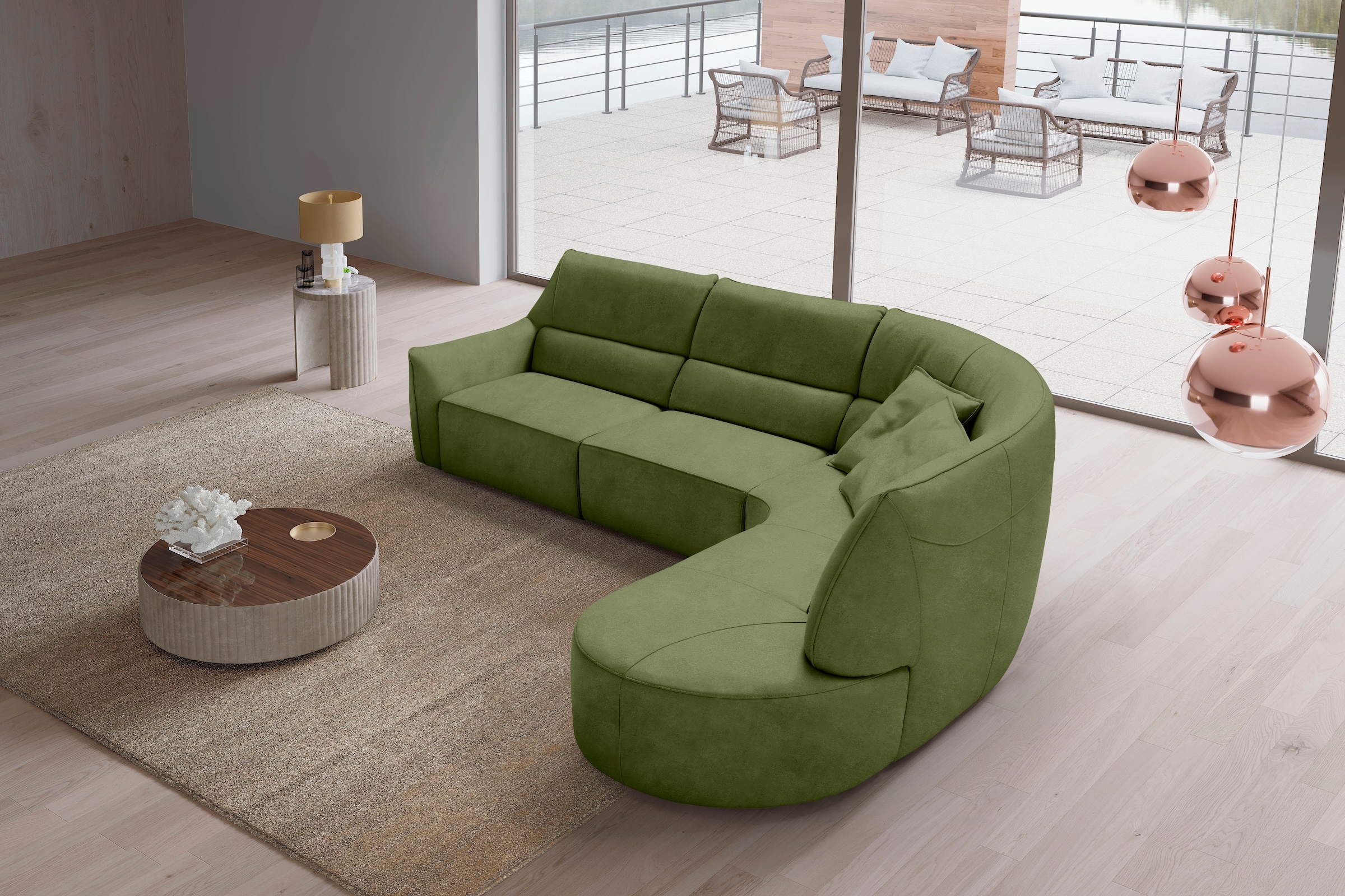 Image of Egoitaliano Ecksofa "Puffy, extravagant & edel, Retro Designsofa, hoher Sitzkomfort, L-Form" mit Ottomane, wahlweise mit und ohne elektrischer Relaxfunktion