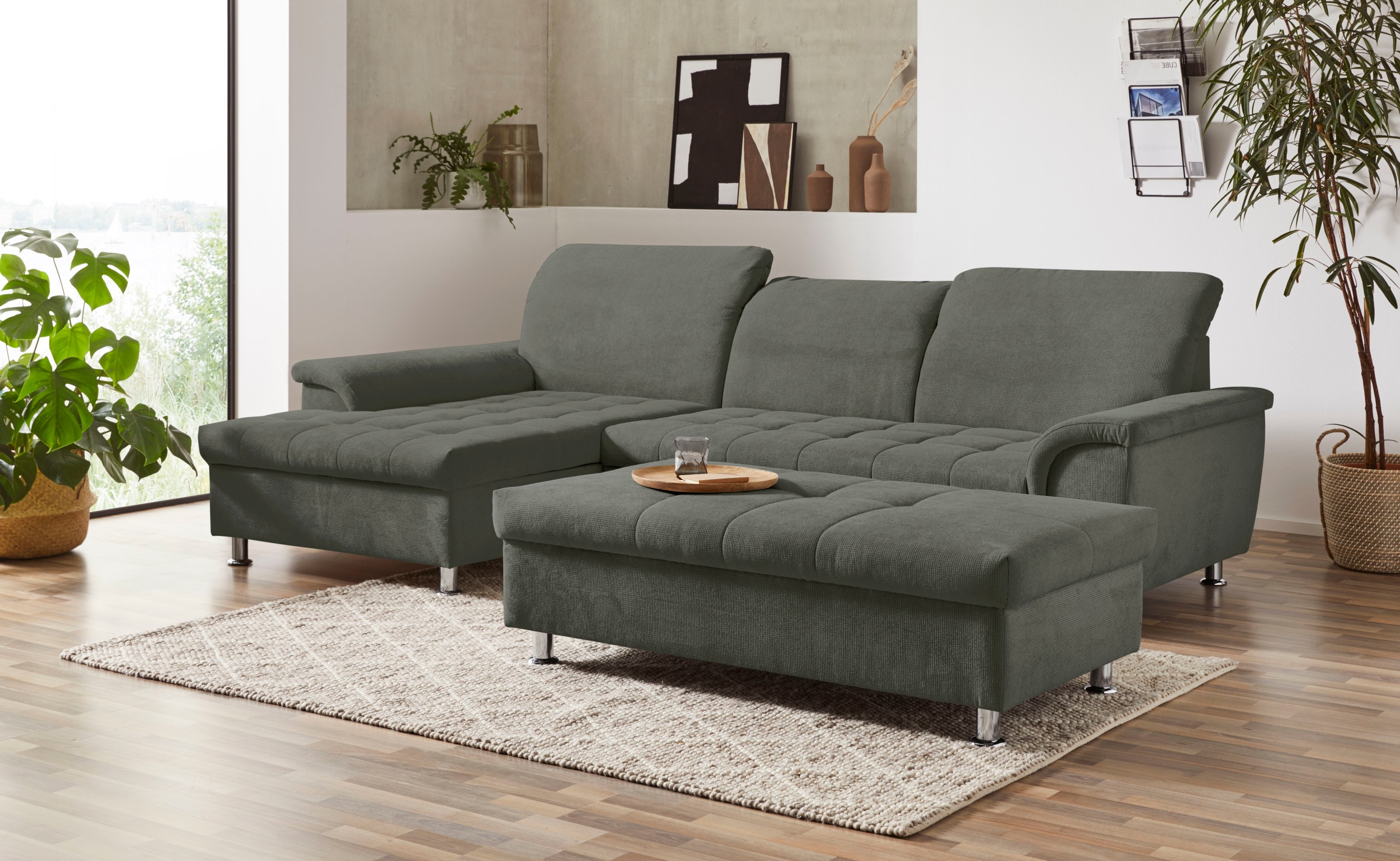 DOMO collection Ecksofa »Franzi, zeitlos und elegant, moderne Sitzheftung, L-Form«, wahlweise mit Kopfteilverstellung (dann Tiefe: 170 cm)