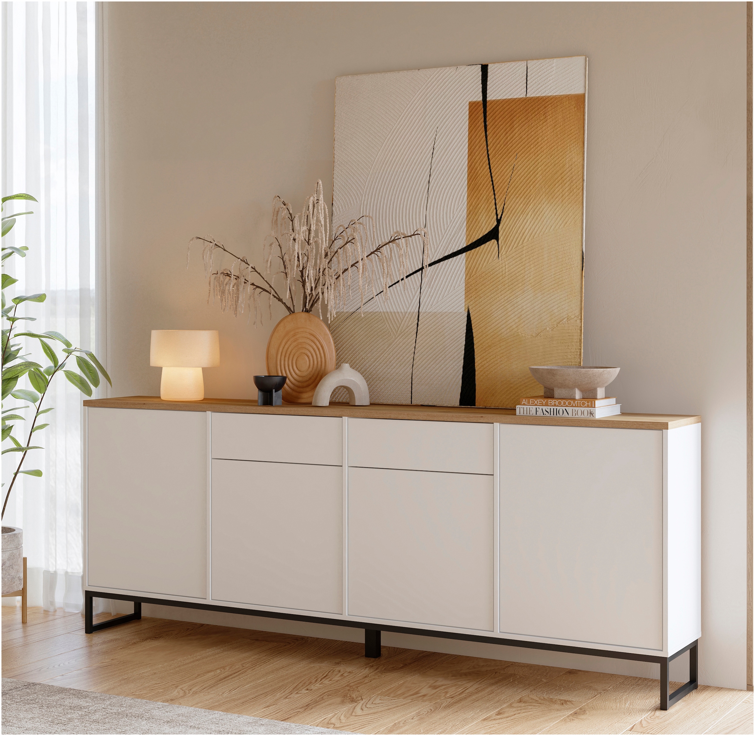Home affaire Buffet »Alto, Breite 208,5 cm, grifflose Kommode 4 Türen/2 Schubkästen.« Schubladenschrank mit viel Stauraum, Einlegeböden verstellbar