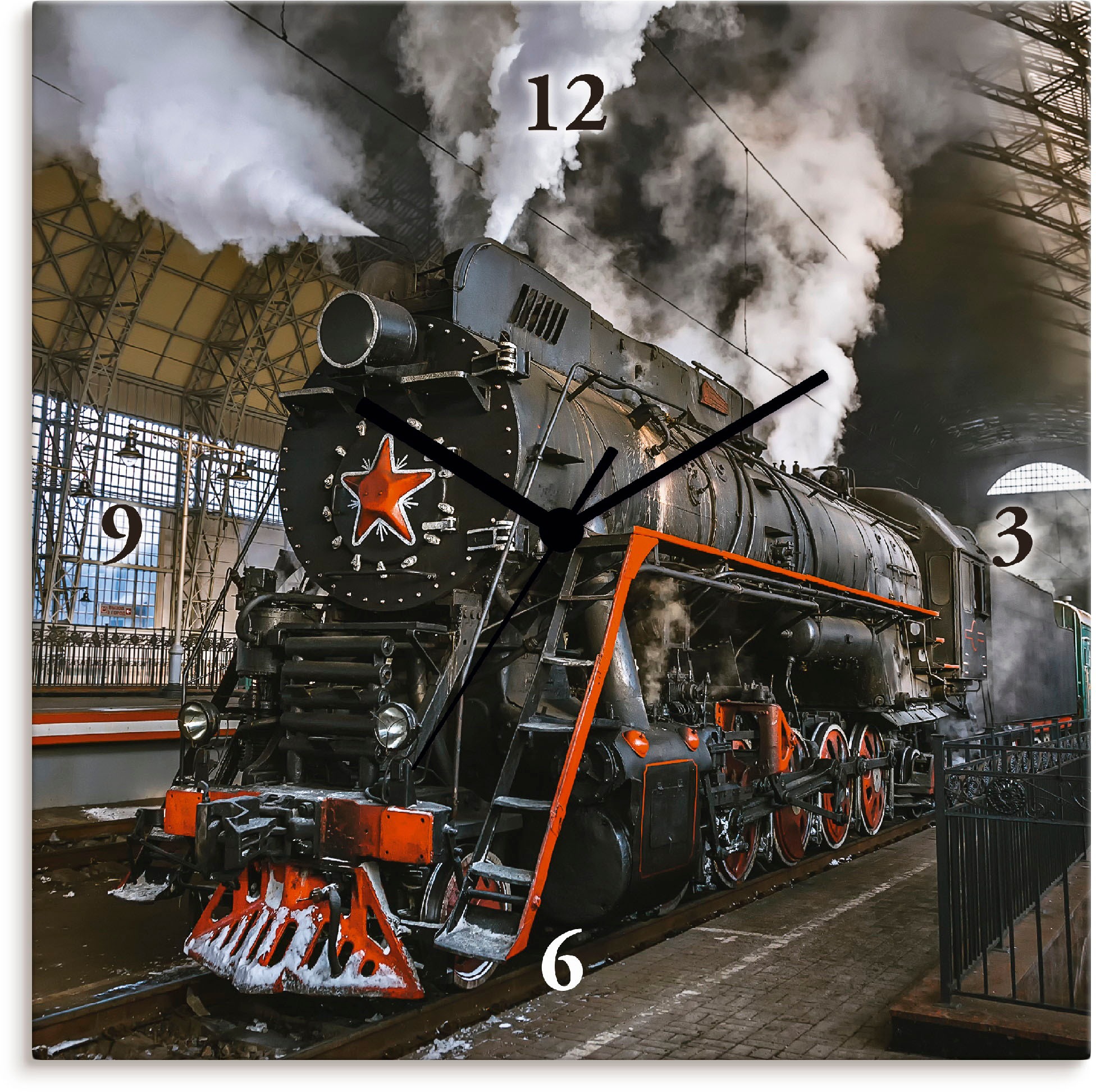 Image of Artland Wanduhr »Dampflokomotive«, lautlos, ohne Tickgeräusche, nicht tickend, geräuschlos - wählbar: Funkuhr o. Quarzuhr, moderne Uhr für Wohnzimmer, Küche etc. - Stil: modern bei Ackermann Versand Schweiz