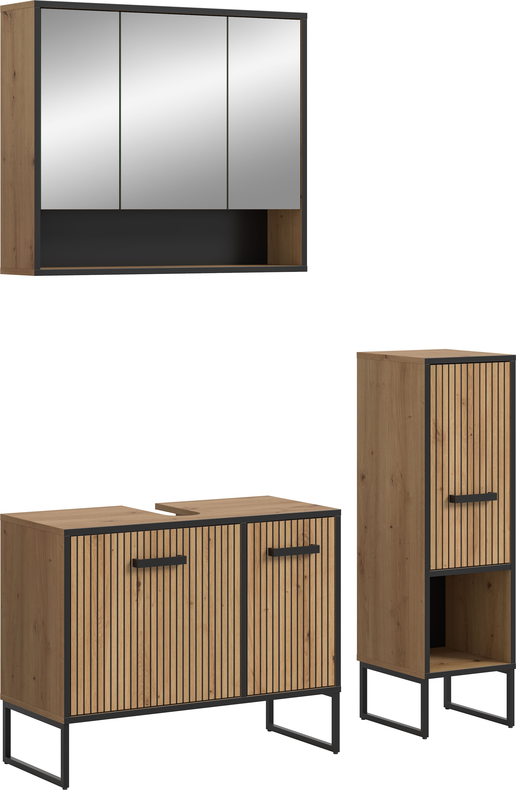 Image of welltime Badmöbel-Set "LOCRI, 3-tlg. Badkombination, Breite 125 cm, Rillenoptik, Metallkufen" bestehend aus: Waschbeckenunterschrank, Spiegelschrank & Standschrank, 3 Stk. tlg.