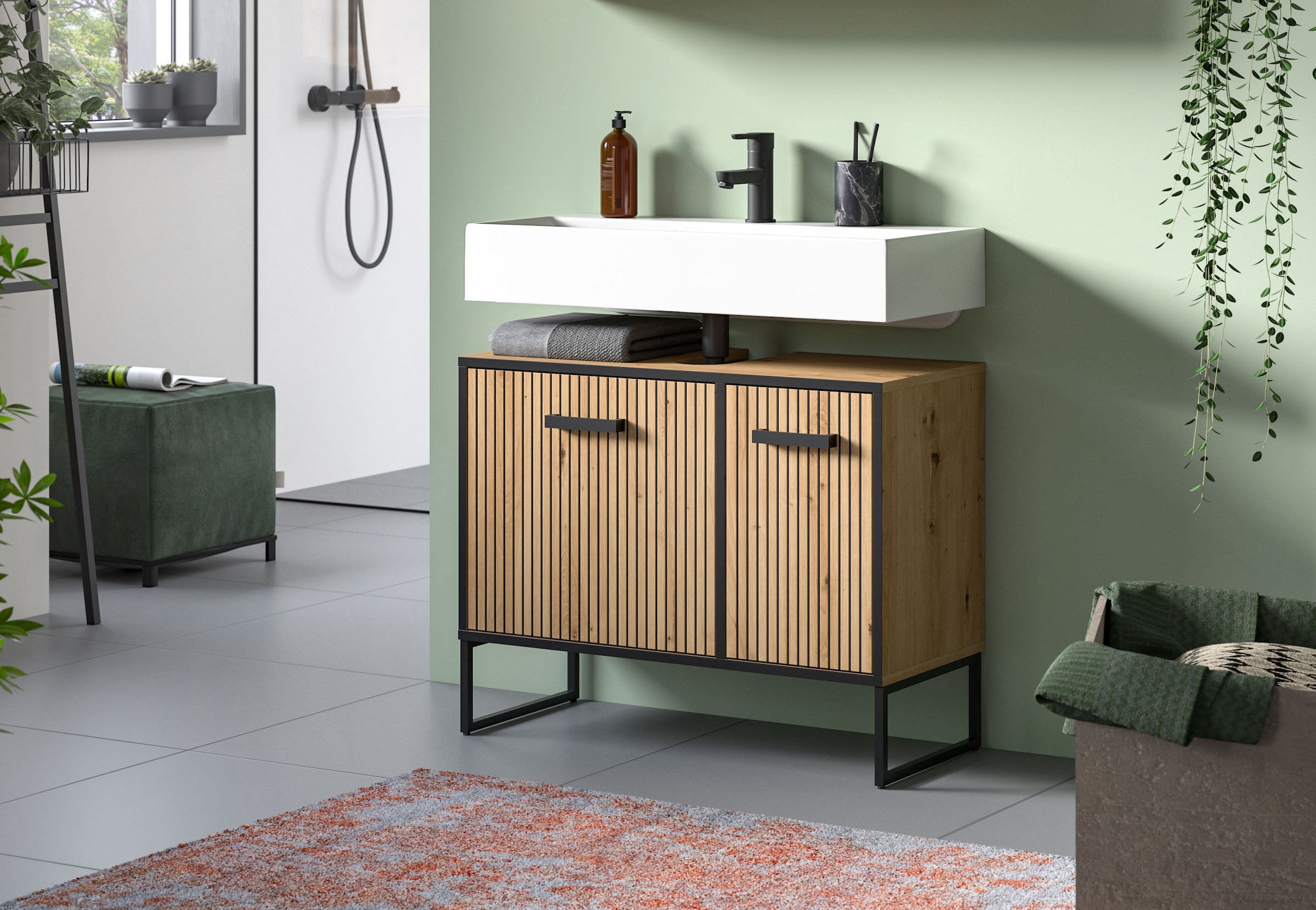 welltime Waschbeckenunterschrank »LOCRI, Höhe 63 cm, 2 Türen, 2 Einlegeböden, mit Siphonausschnitt« industrial Look mit Rillenoptik & Metall Kufen, 1 Stk. tlg. Badmöbel, Badschrank, Badkommode, Kommode, Schrank, Bad, Badezimmer