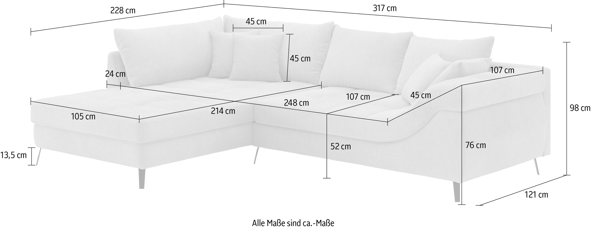Mr. Couch Ecksofa »Portofino L-Form«, 4 Bezugsqualitäten, 13,5 cm hohe Metall-Profilfüsse in matt-schwarz