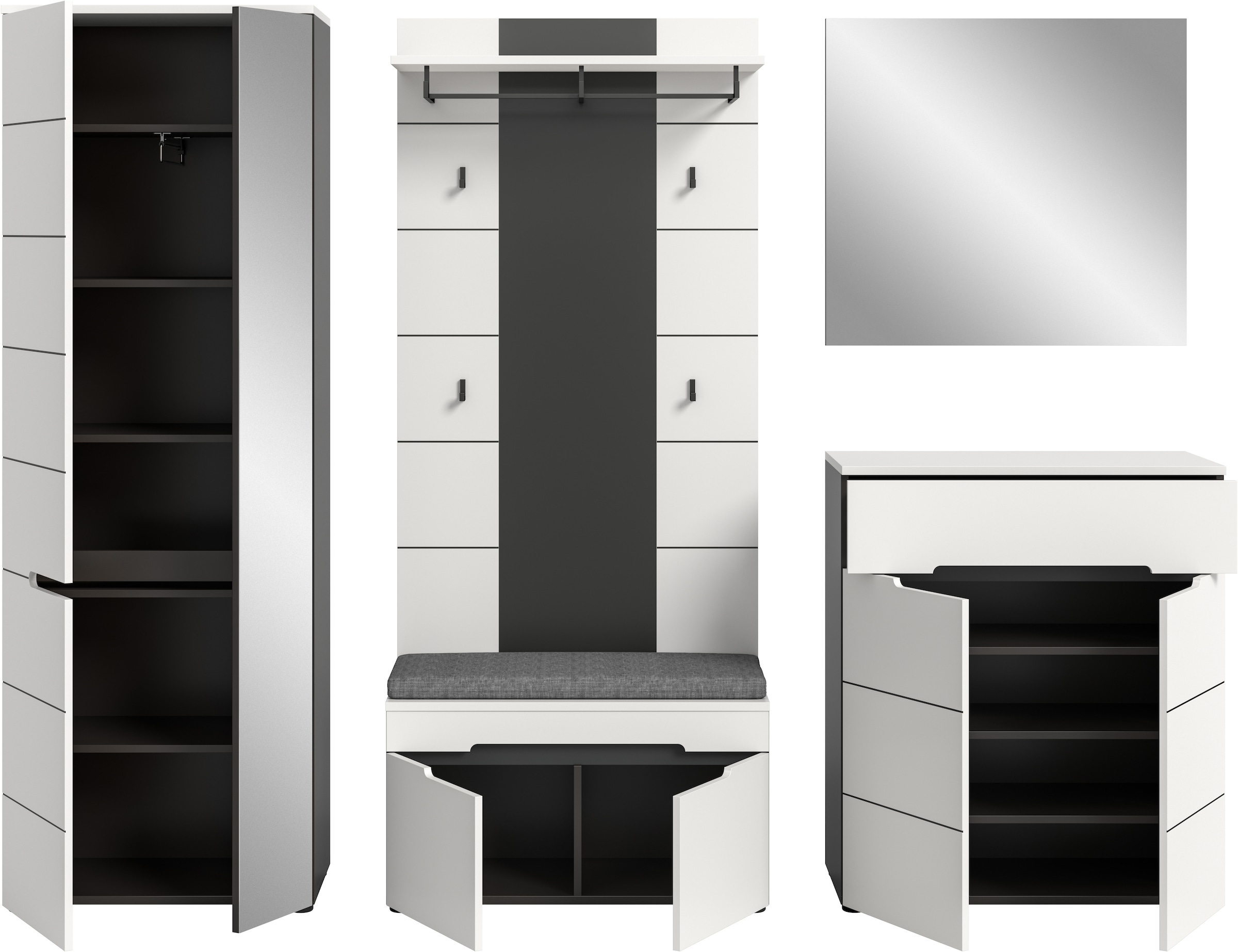 Home affaire Ensemble de vestiaires »REHAT, TOPSELLER!, 5-teilig, Breite 255 cm, individuell erweiterbar« Set, bestehend aus: Schrank, Sitzbank, Sitzkissen, Paneel, Spiegel, Kommode, 6 cuis tlg.