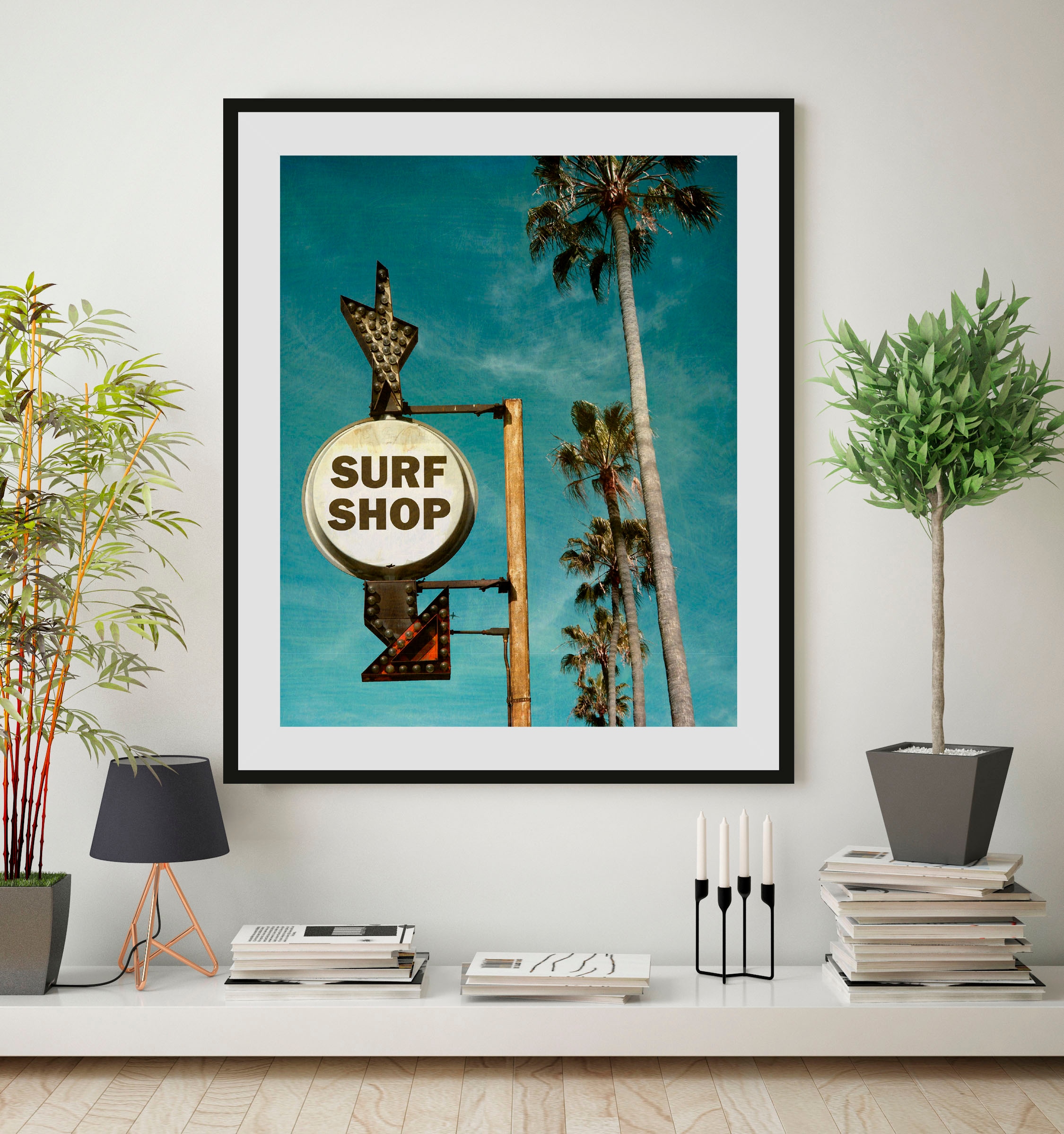 Image of queence Bild "SURF SHOP" Palmen Schilder Strand 1 Stk. tlg. HD Premium Poster-Druck inkl. Holzrahmen