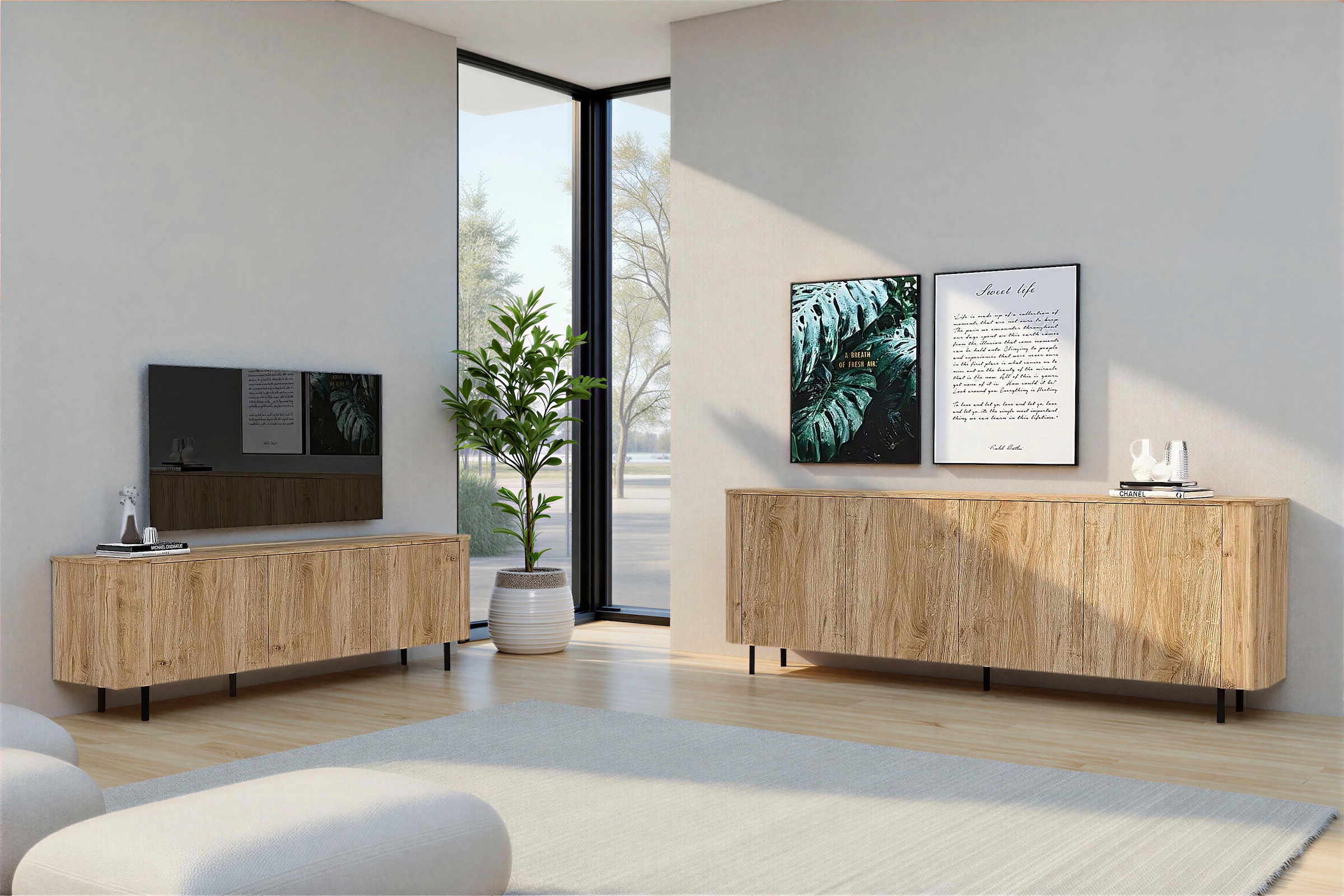 Home affaire Lowboard »Murano, 181 cm breit, 3 Türen, TV-Schrank, TV-Kommode, Medienboard« Formgebogenes MDF, Stirnseiten mit Rundung, Füsse und Griffe aus Metall