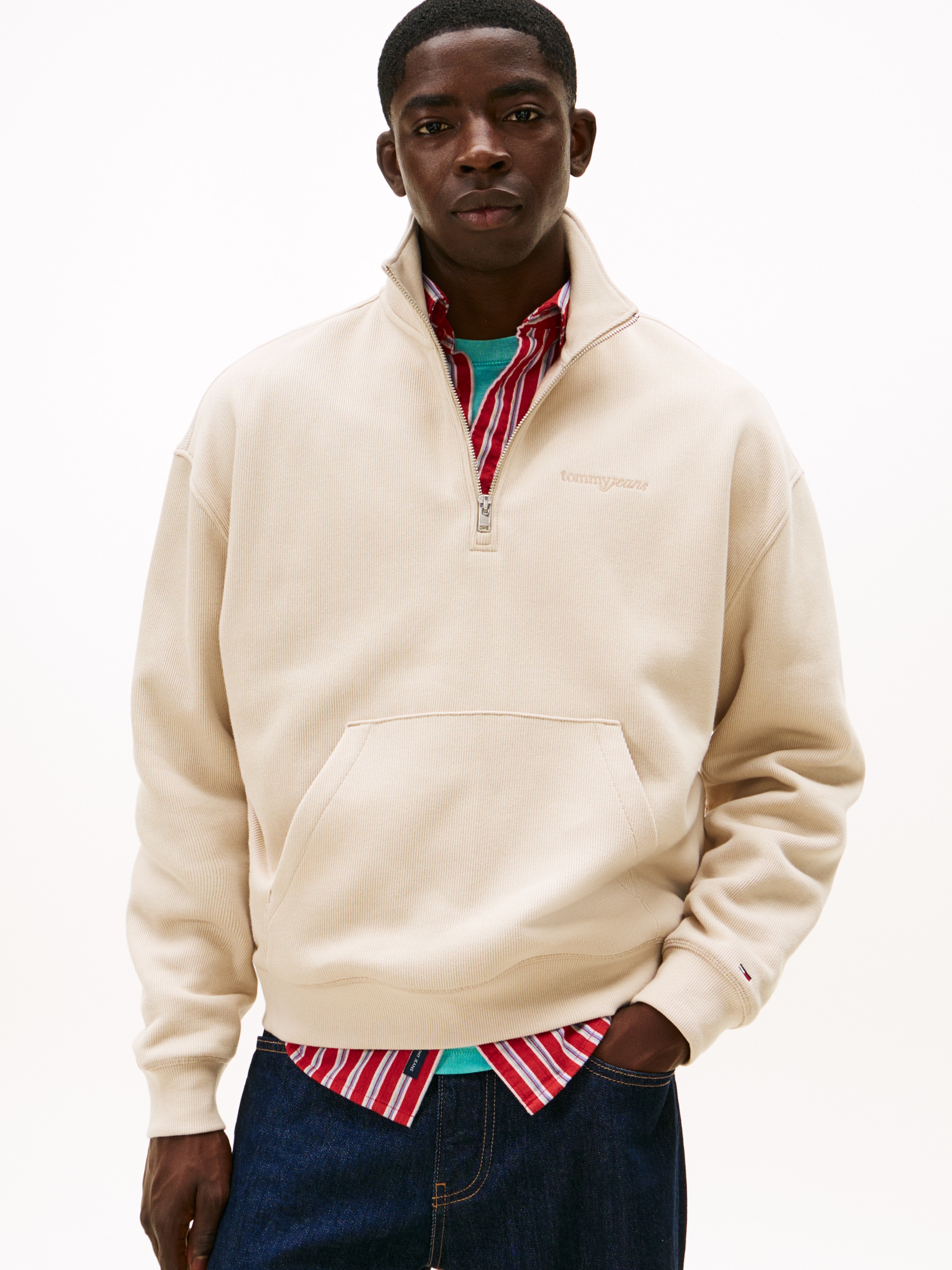 Image of Tommy Jeans Sweatshirt "TJM 90S SCRIPT RIB FLEECE", Troyerkragen mit Reissverschluss, normale Passform