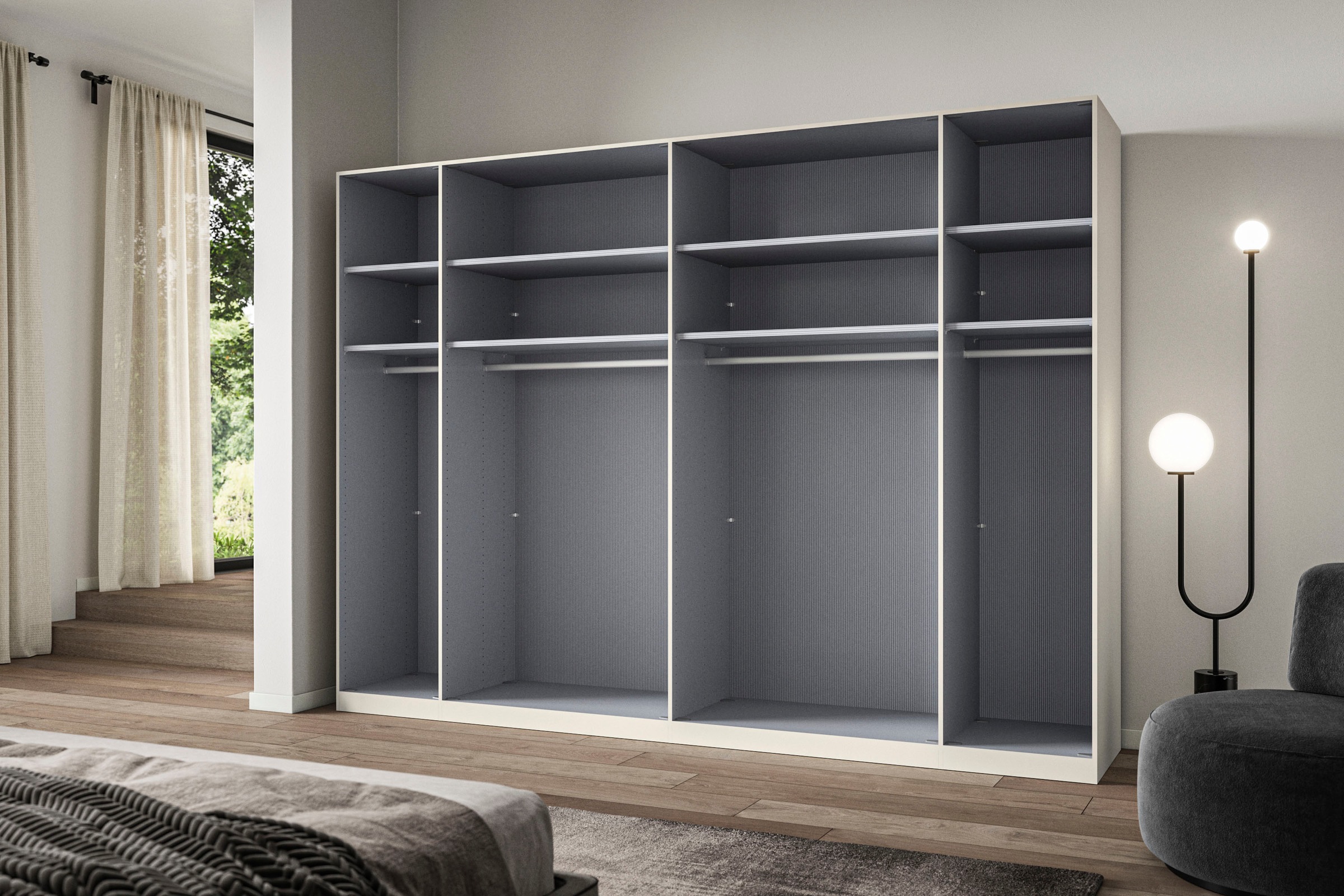 WIEMANN Armoire à portes pliantes »Ohio, Kleiderschrank, Schrank, Garderobe, mit Glasfront, 300 cm« Inclus étagères et tringles à vêtements, 2 hauteurs, MADE IN GERMANY,  comprend amortisseur de porte, façade en verre de haute qualité