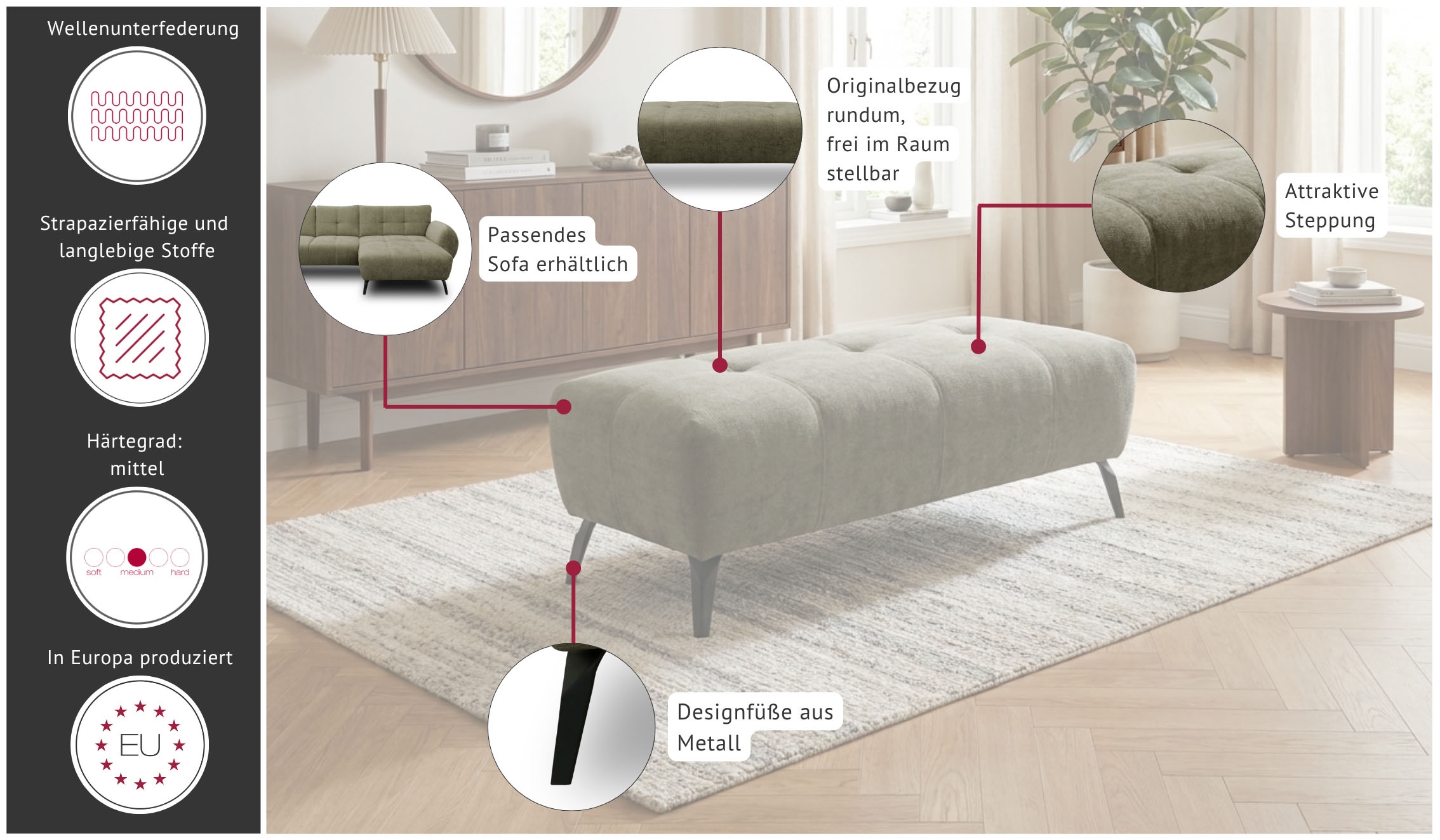 GOODproduct Hocker »Viiborg 121 x 63 cm, mit Steppungen, elegant, modern« pflegeleichter Bezug, extra hohe Füsse - passend für Saugroboter!