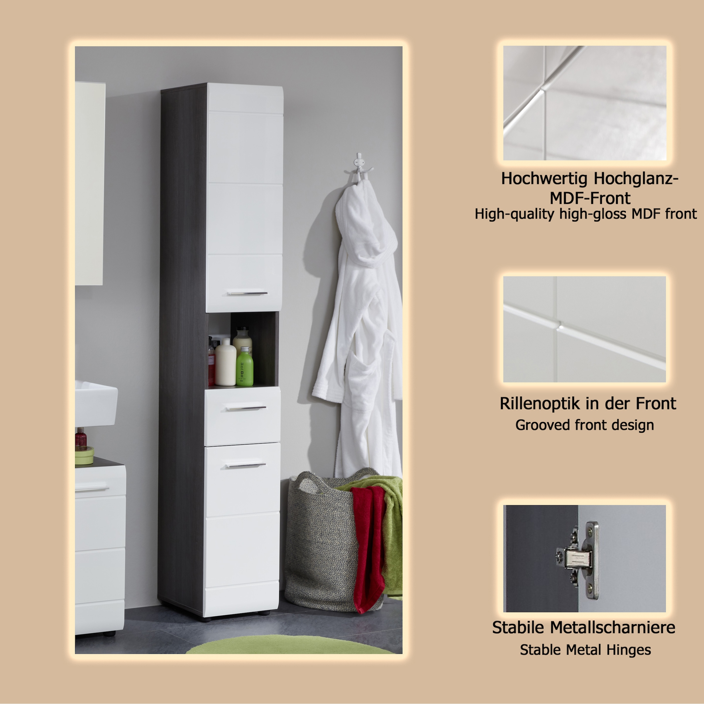 welltime Hochschrank »Sovana«, Badezimmerschrank in Hochglanzoptik - (B/T/H) 30/31/182 cm