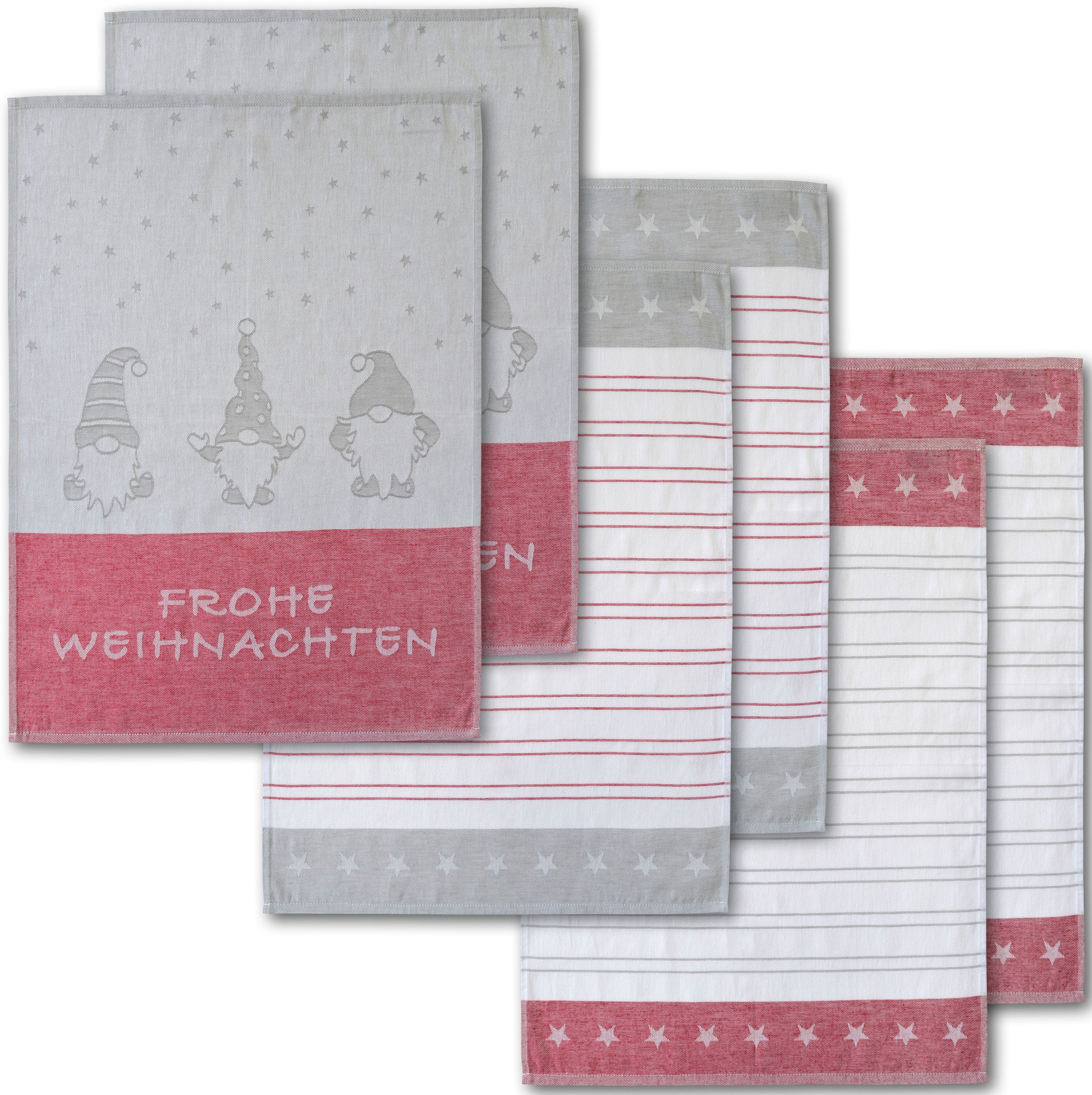 Image of Dyckhoff Geschirrtuch "Wichtel, mit Schriftzug Frohe Weihnachten, Streifen und Sternen" mit 3 verschiedenen Motiven, Masse je Tuch ca. 50x70 cm, 100% Baumwolle