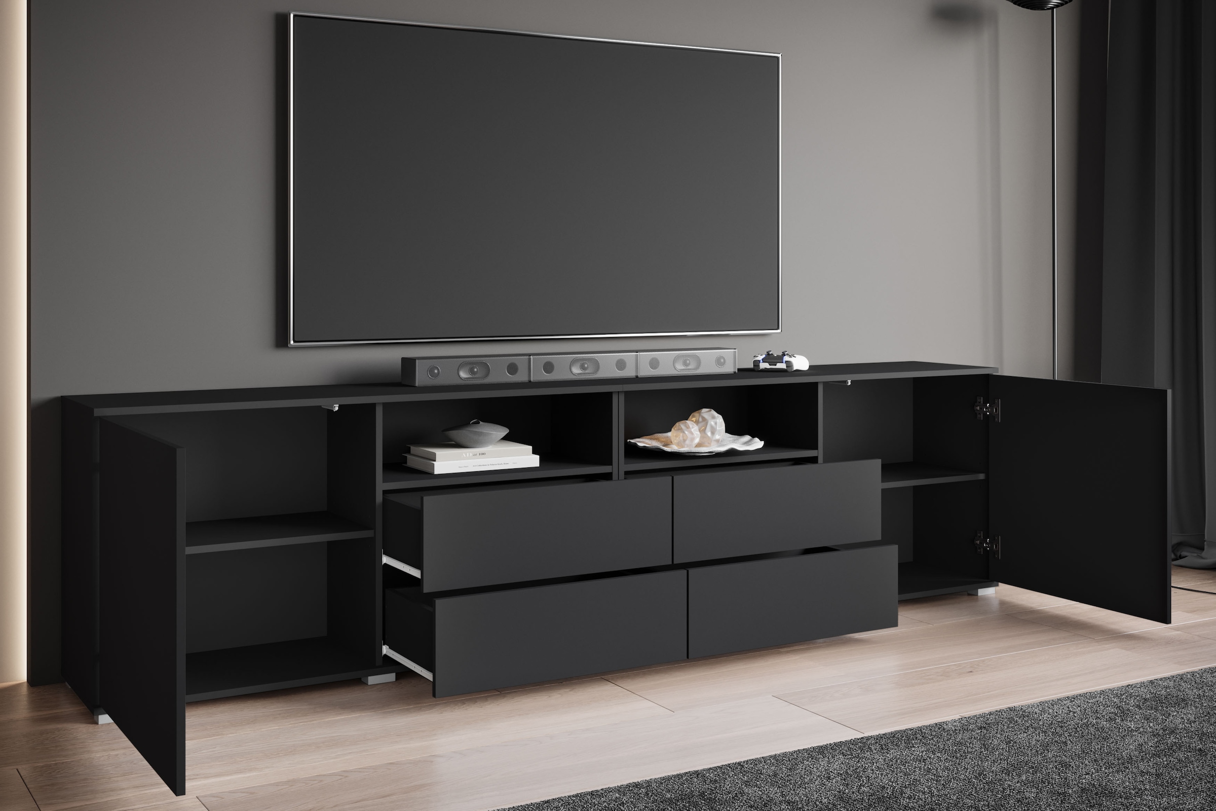 GOODproduct Lowboard »Kenia, TV-Schrank, 240 cm breit, mit 2 Türen und 4 Schubladen« 1 Stk. tlg. Höhenverstellbare Einlegeböden und offene Ablagefächer