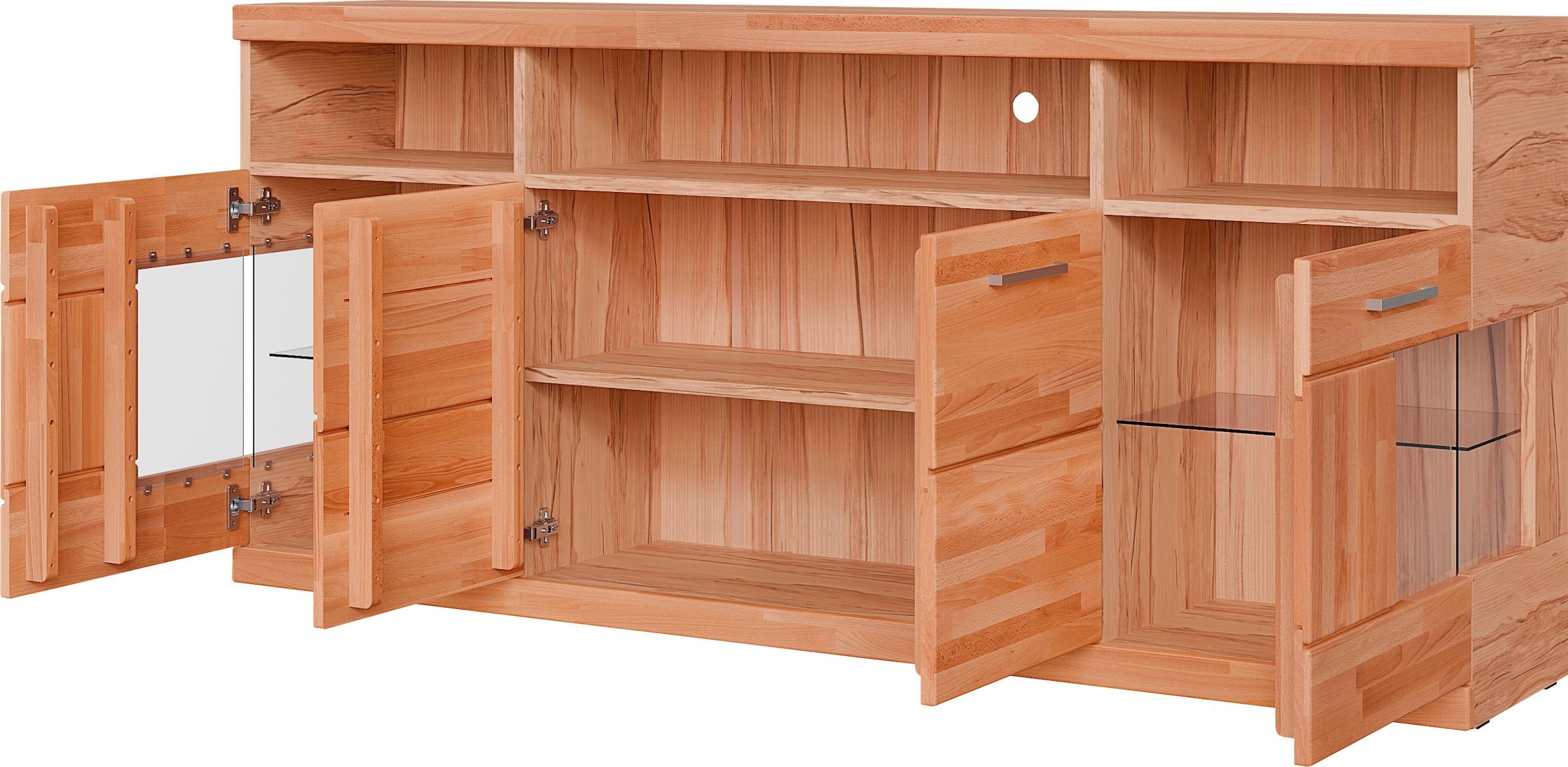 GOODproduct Sideboard »RIBE20 Fronten massiv,Korpus Melamin, 2 Türen mit Glaseinsatz« B/T/H: 180/35/80cm,3offene Fächer u 6geschlossene,Teilmassiv Kernbuche