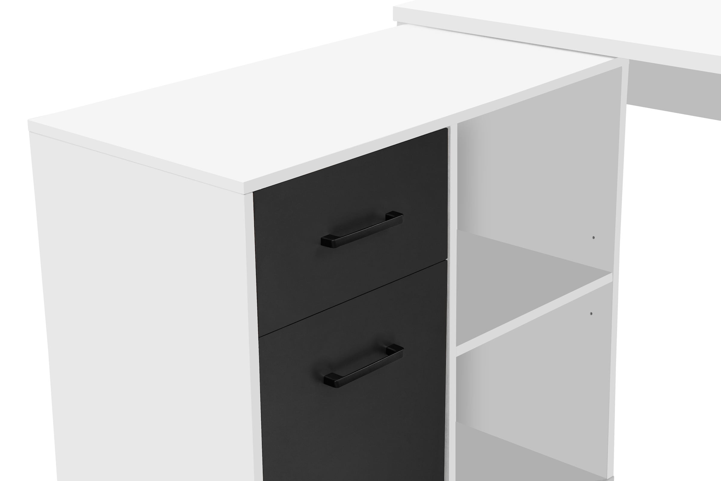GOODproduct Eckschreibtisch »Moid, Computertisch, Kabeldurchlass, mit Regalfächern,« Schublade und Tür, flexibles Regalelement, 140x82-115 cm