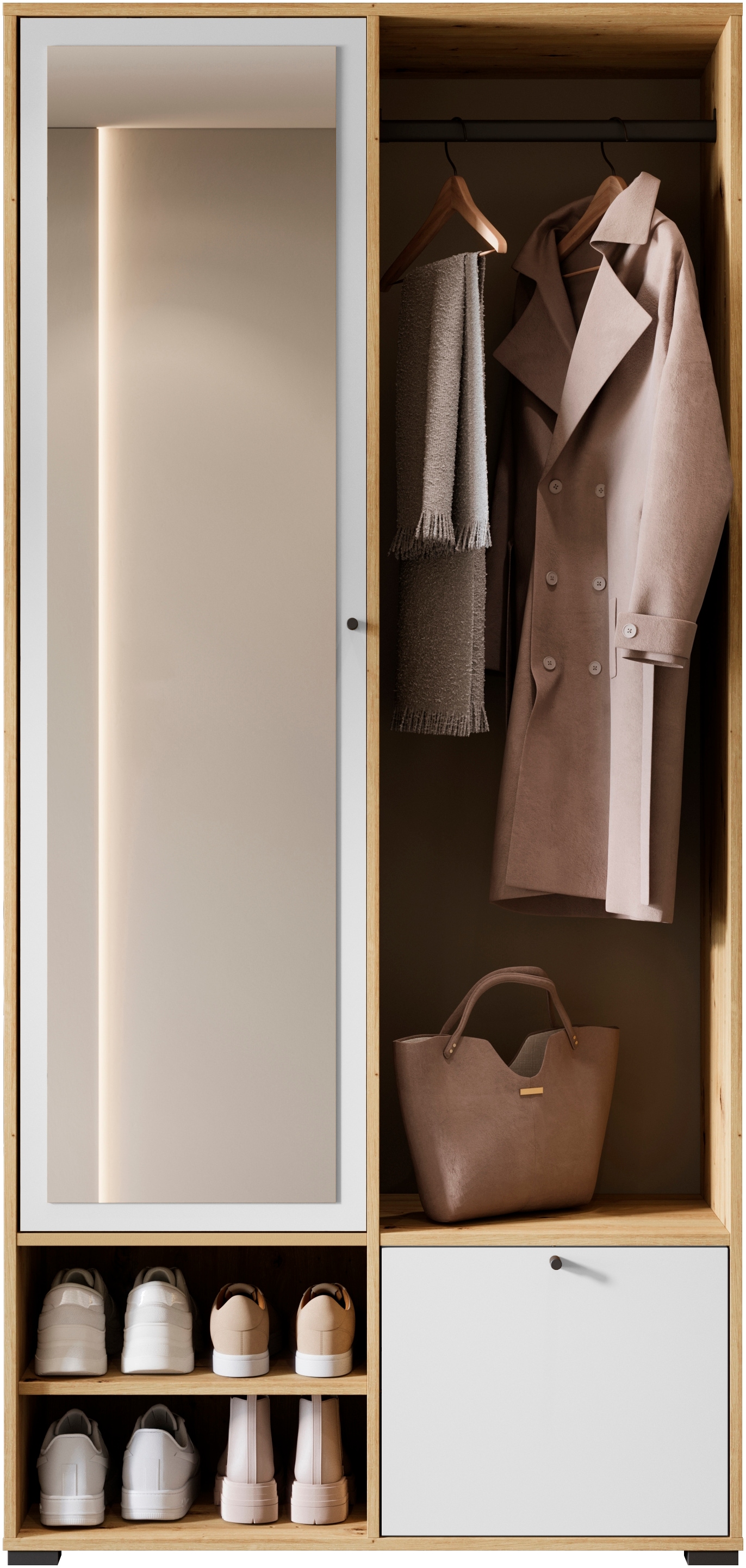 Home affaire Garderobenschrank »DINO Kompaktgarderobe, Garderoben-Set DINO« Mit Spiegel und Kleiderstange, 90 cm breit, Türanschlag wechselbar